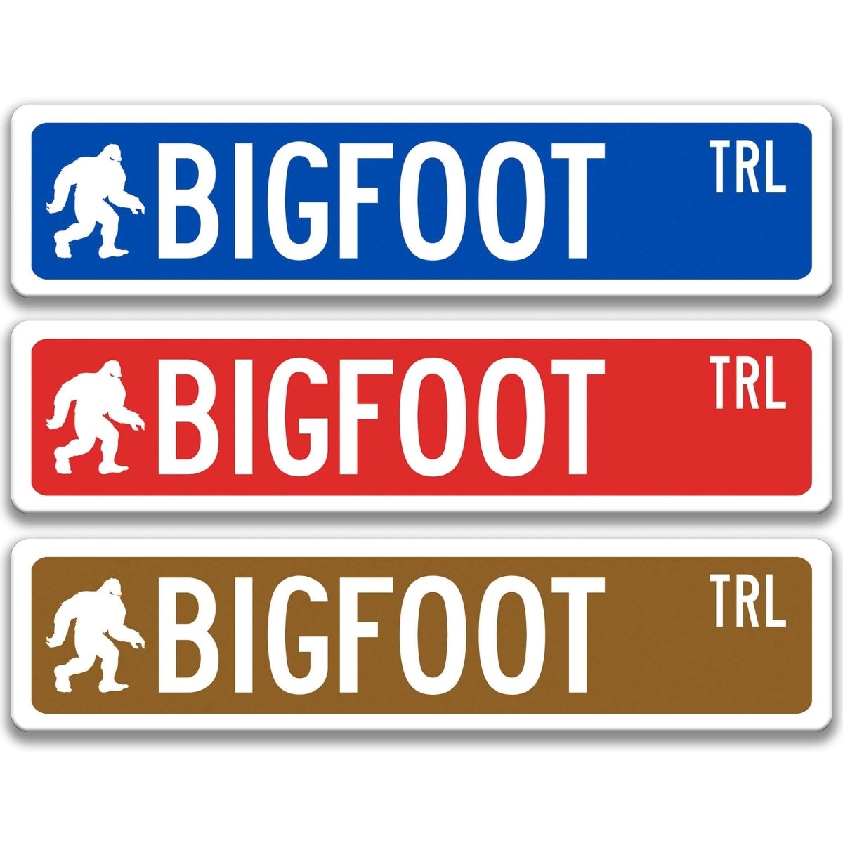 Bigfoot street name sign shown in three aluminum color options