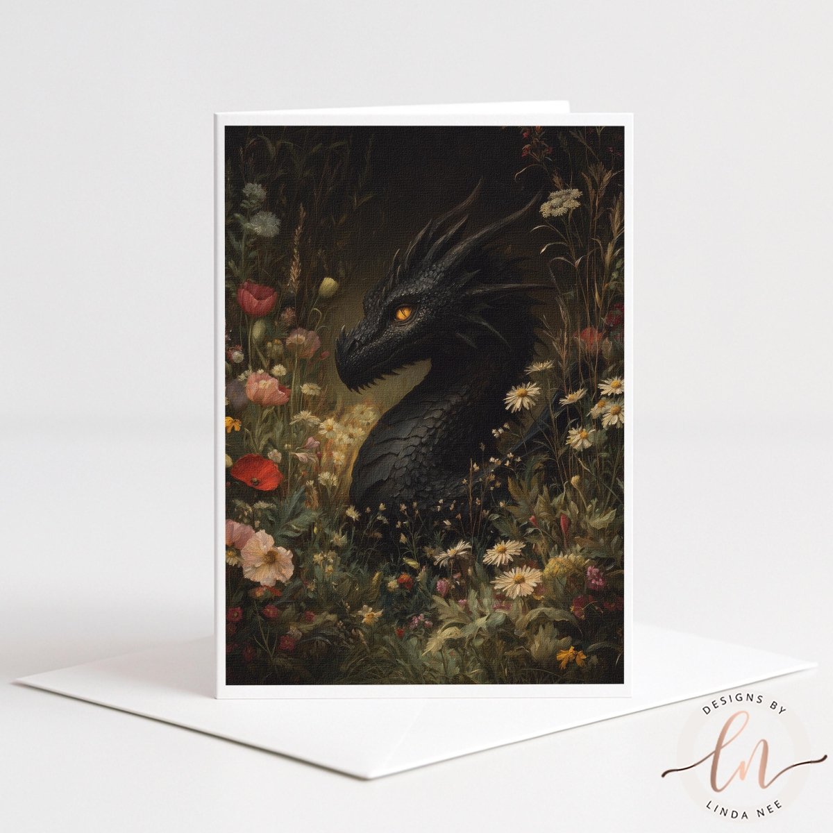 The image is a painting of a black dragon surrounded by a lush, colorful garden filled with flowers and foliage.