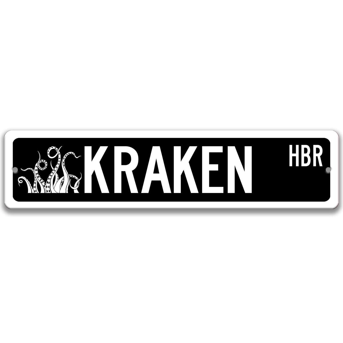 Black Kraken HBR aluminum street sign, white lettering with kraken tentacle artwork