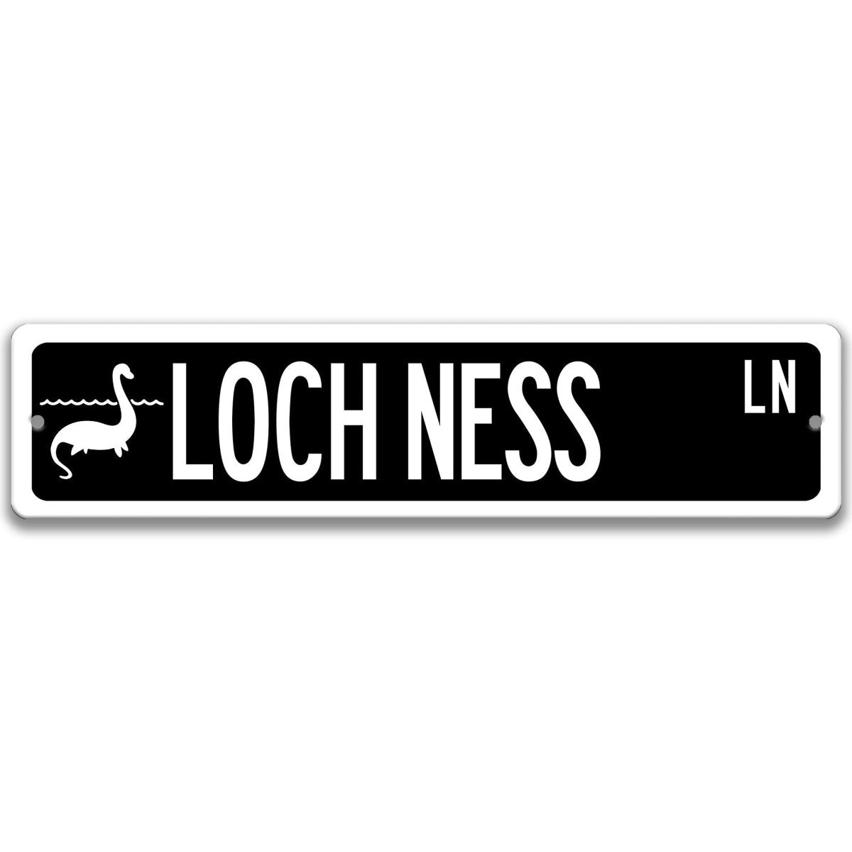 Black Loch Ness Monster aluminum street name sign with white lettering