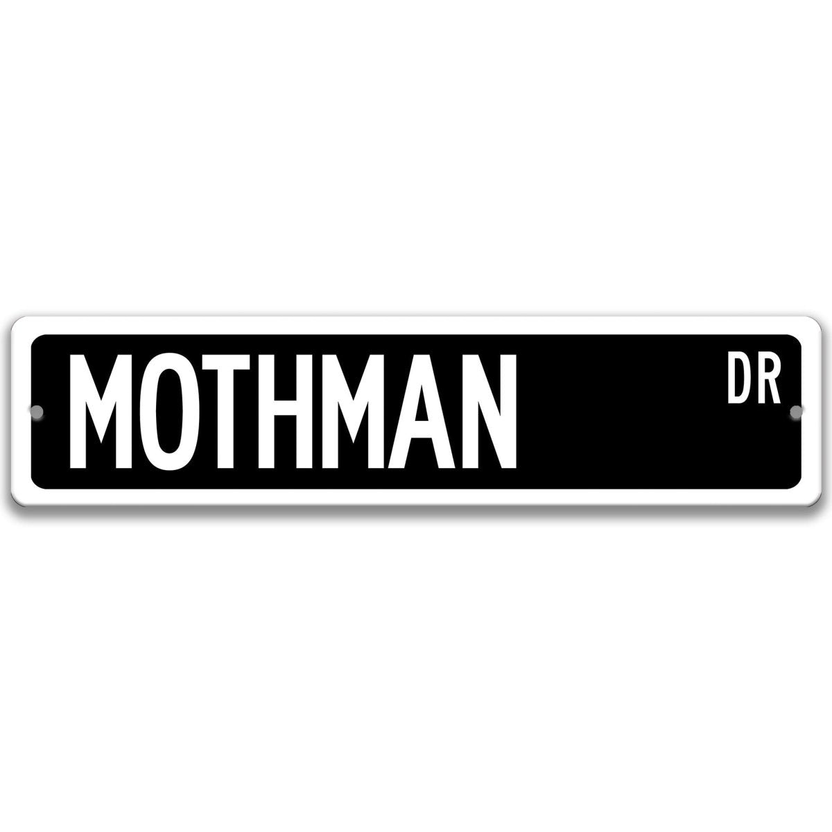 Black Mothman aluminum street name sign with white lettering