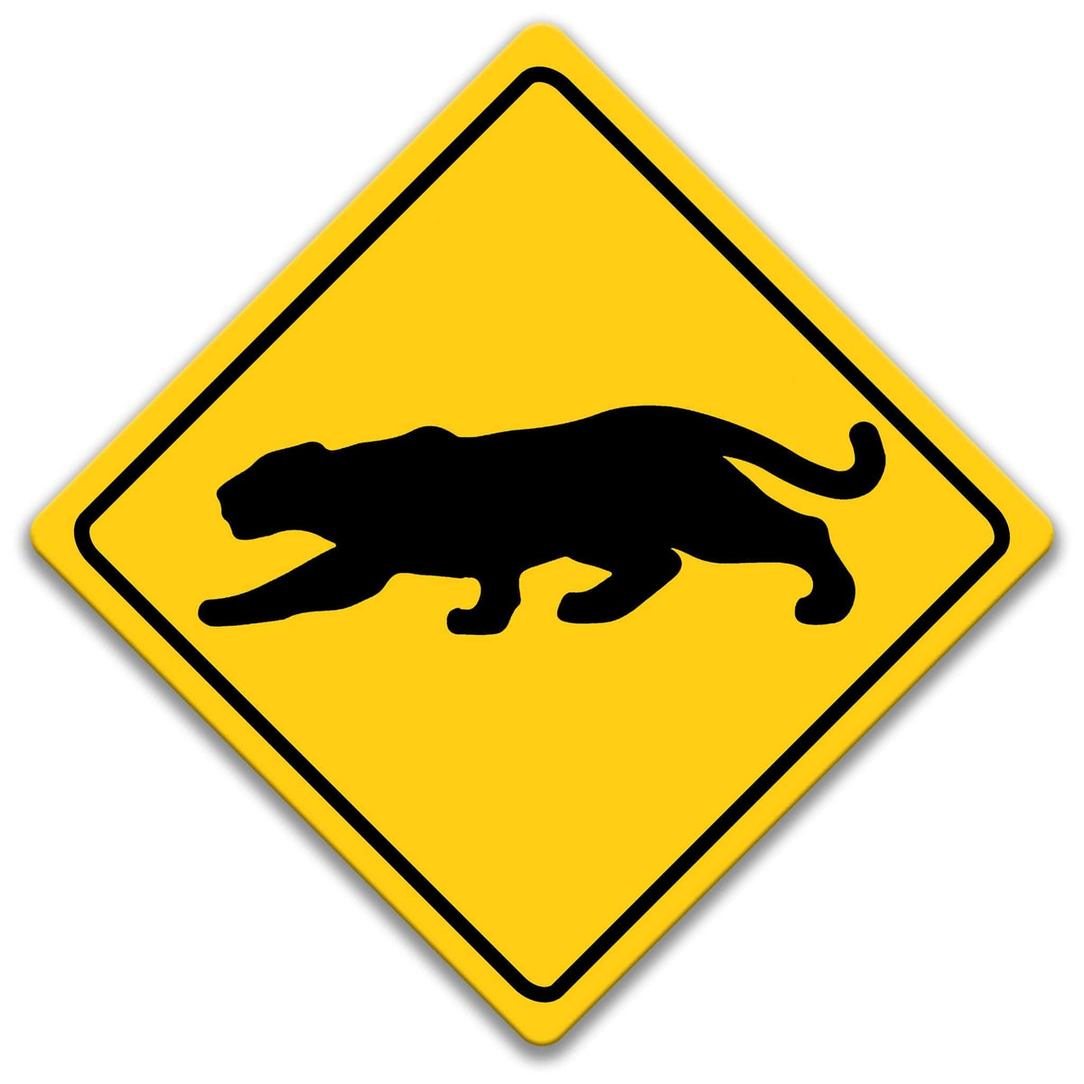 A yellow diamond-shaped road sign with a black silhouette of a panther or similar wild animal.