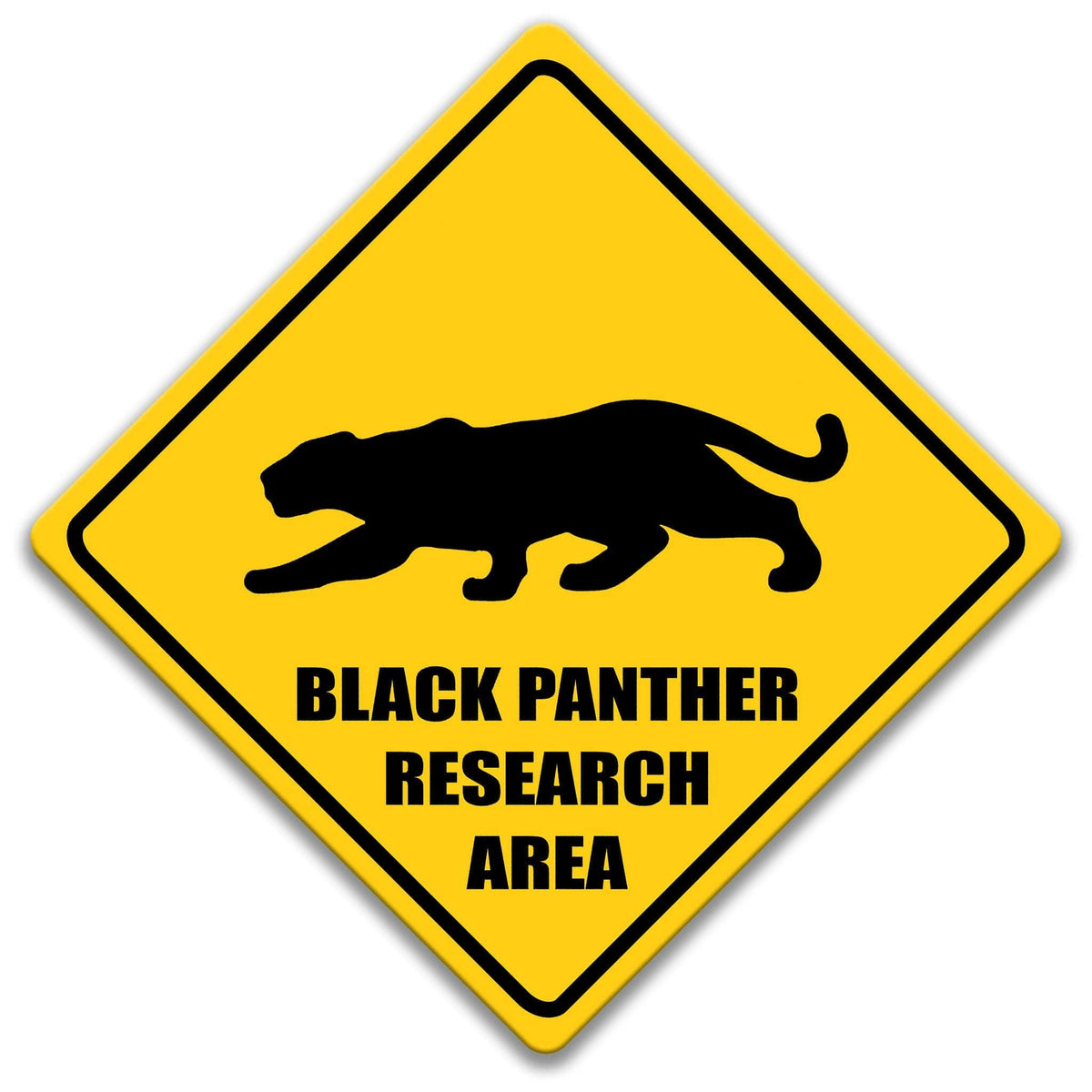 a yellow diamond-shaped sign with a black panther silhouette and the text "BLACK PANTHER RESEARCH AREA" written below it.