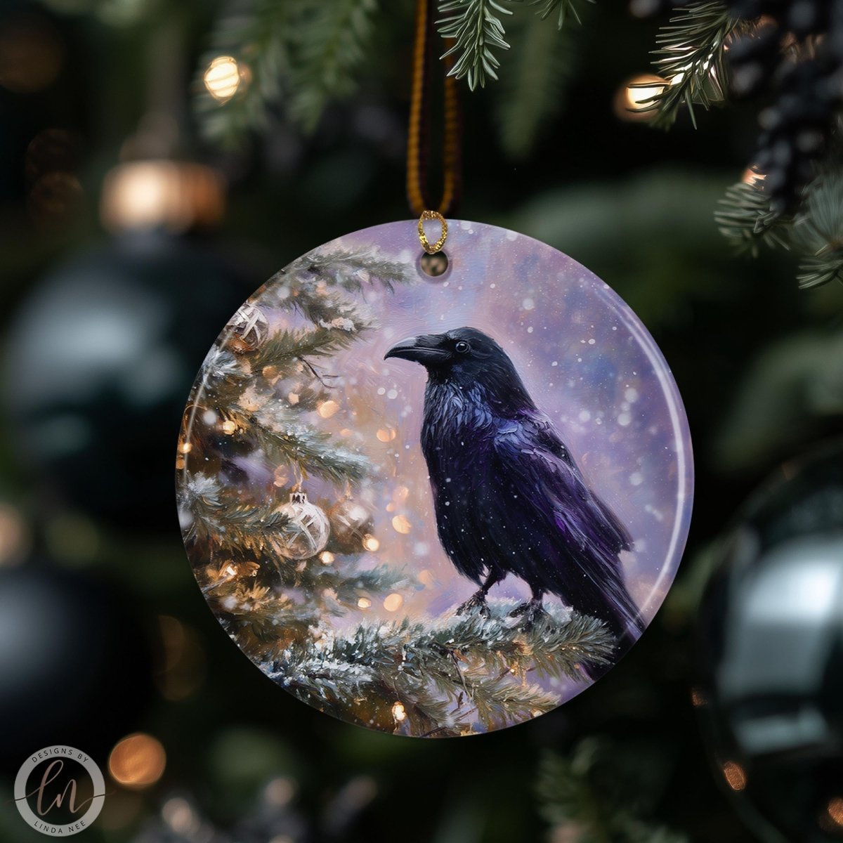 A black raven perched on a branch, surrounded by a snowy landscape, is the central focus of the image.