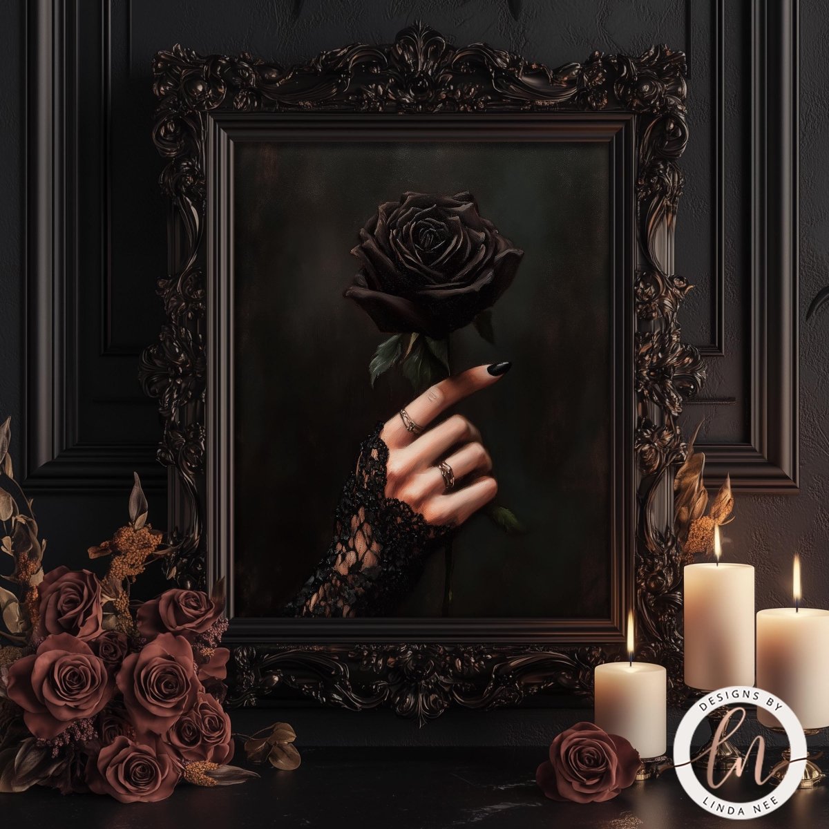 Decorative frame with a dark rose and hand holding a rose, surrounded by candles and flowers.