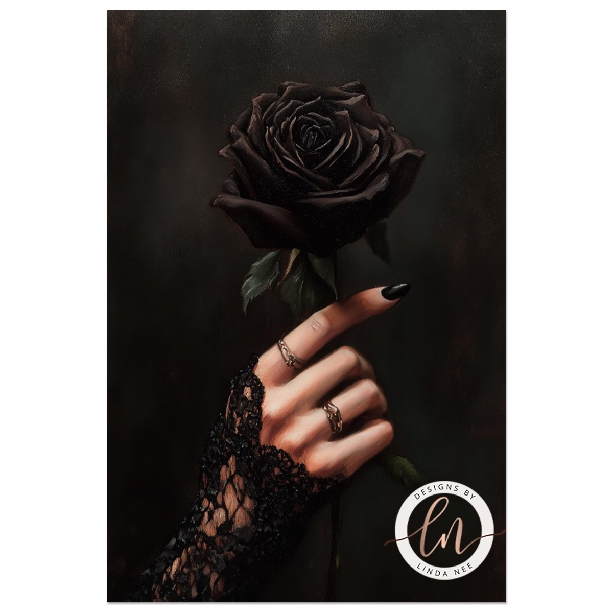 Hand holding a black rose with lace glove against a dark background, featuring the brand 'Linda Nee Designs'.