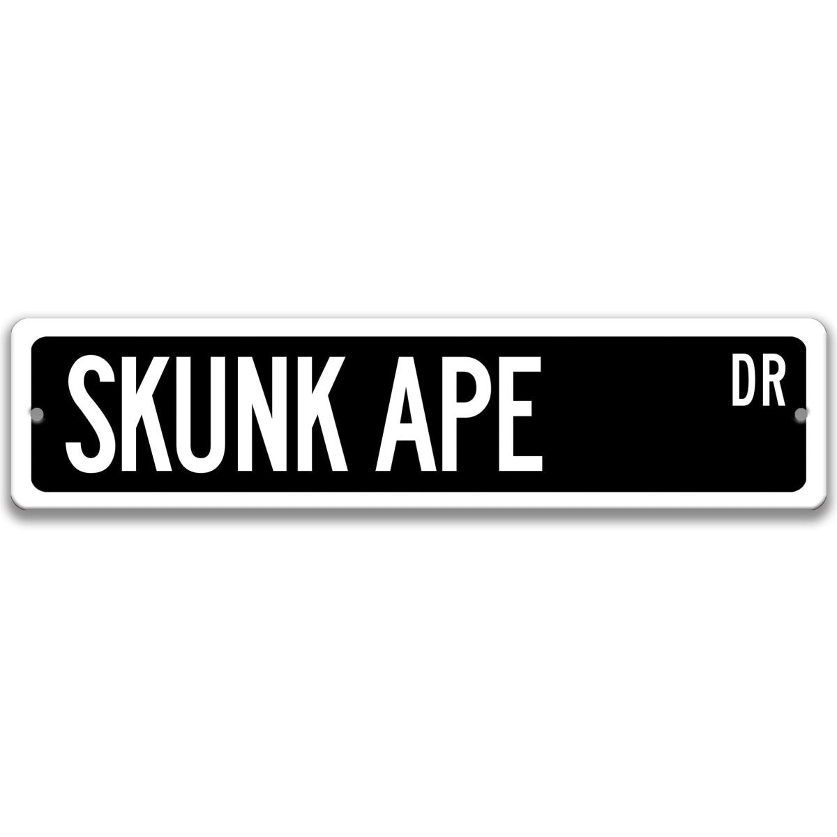 Black Skunk Ape aluminum street name sign with white lettering, alternate layout