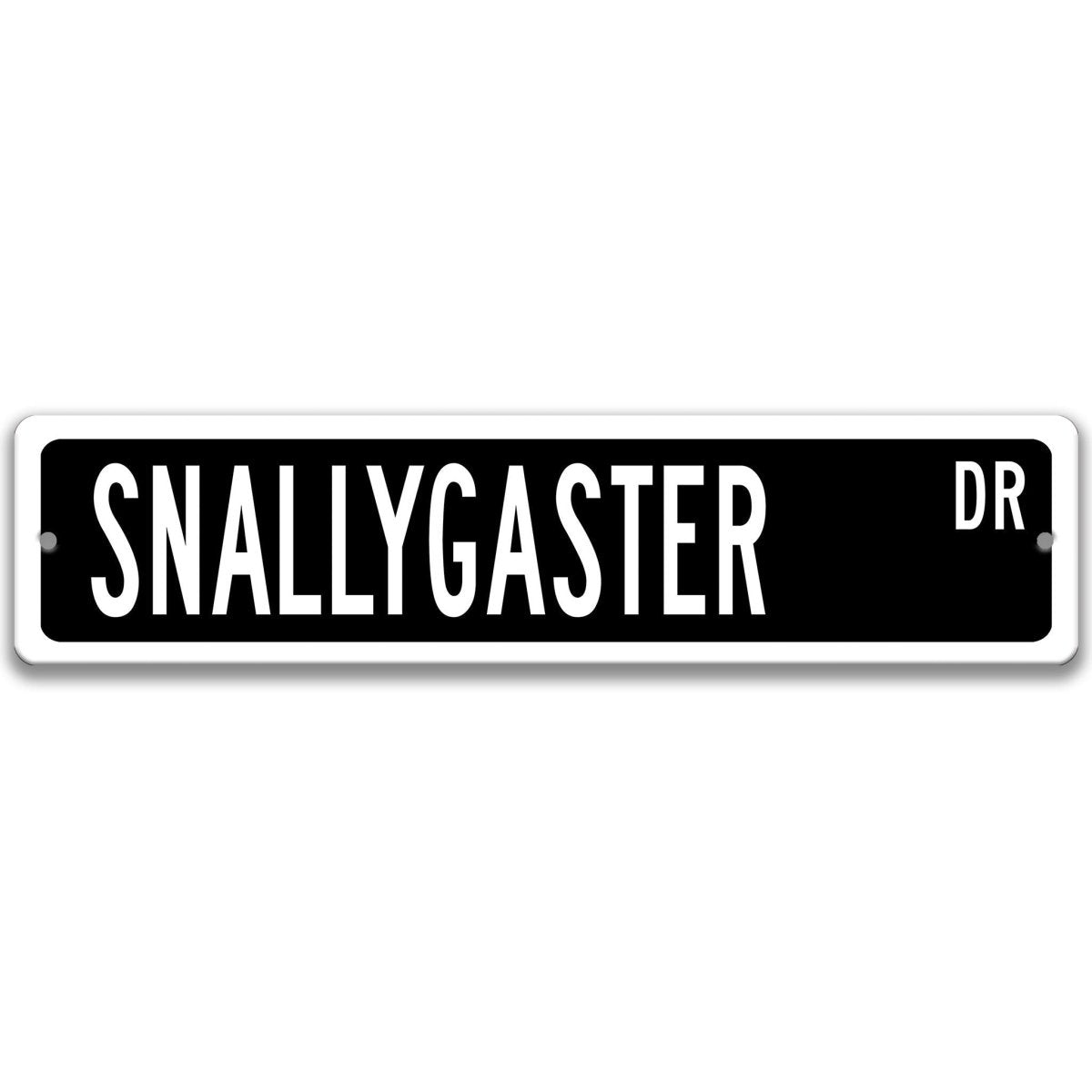 Black Snallygaster aluminum street name sign with white lettering, alternate layout