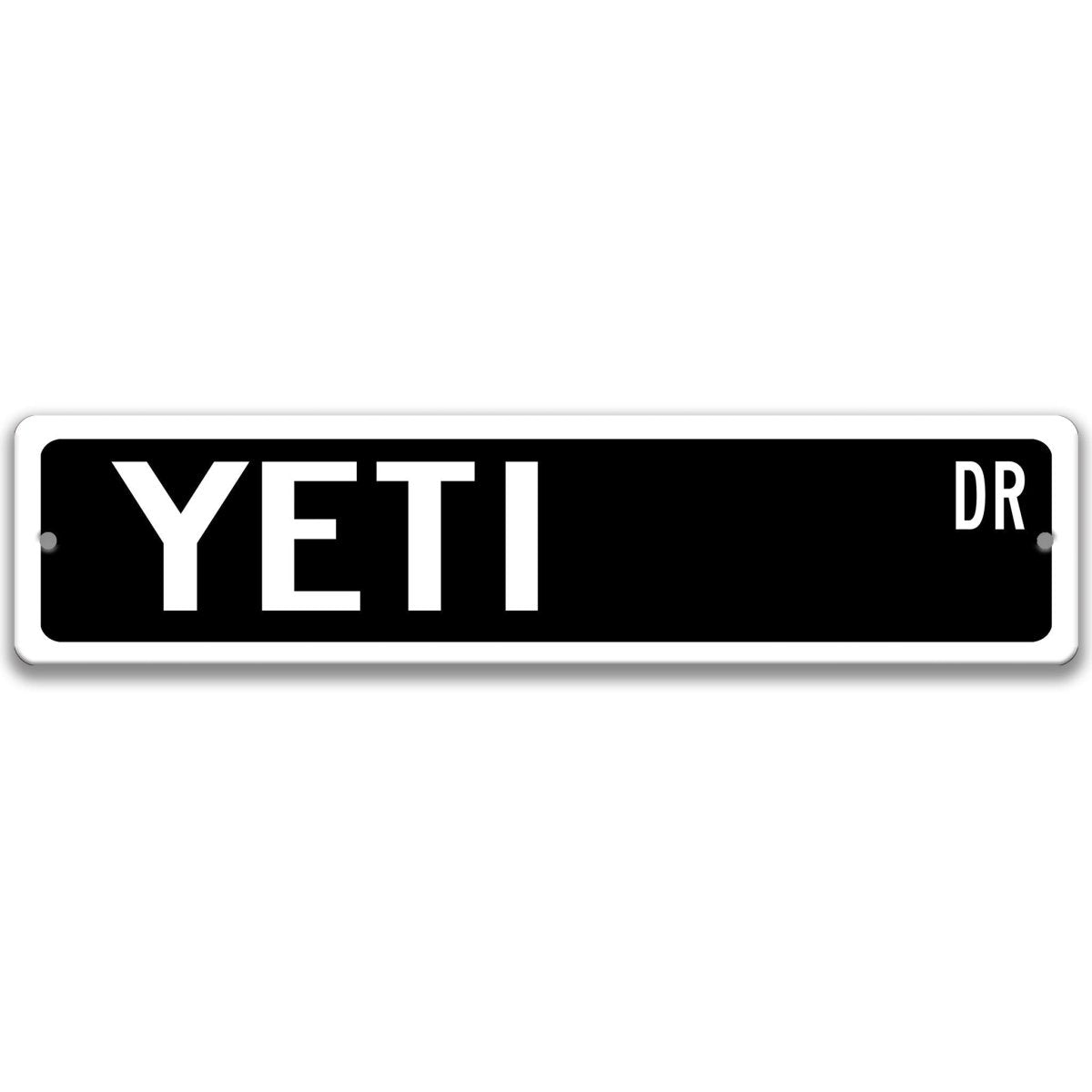 Black Yeti aluminum street name sign with white lettering