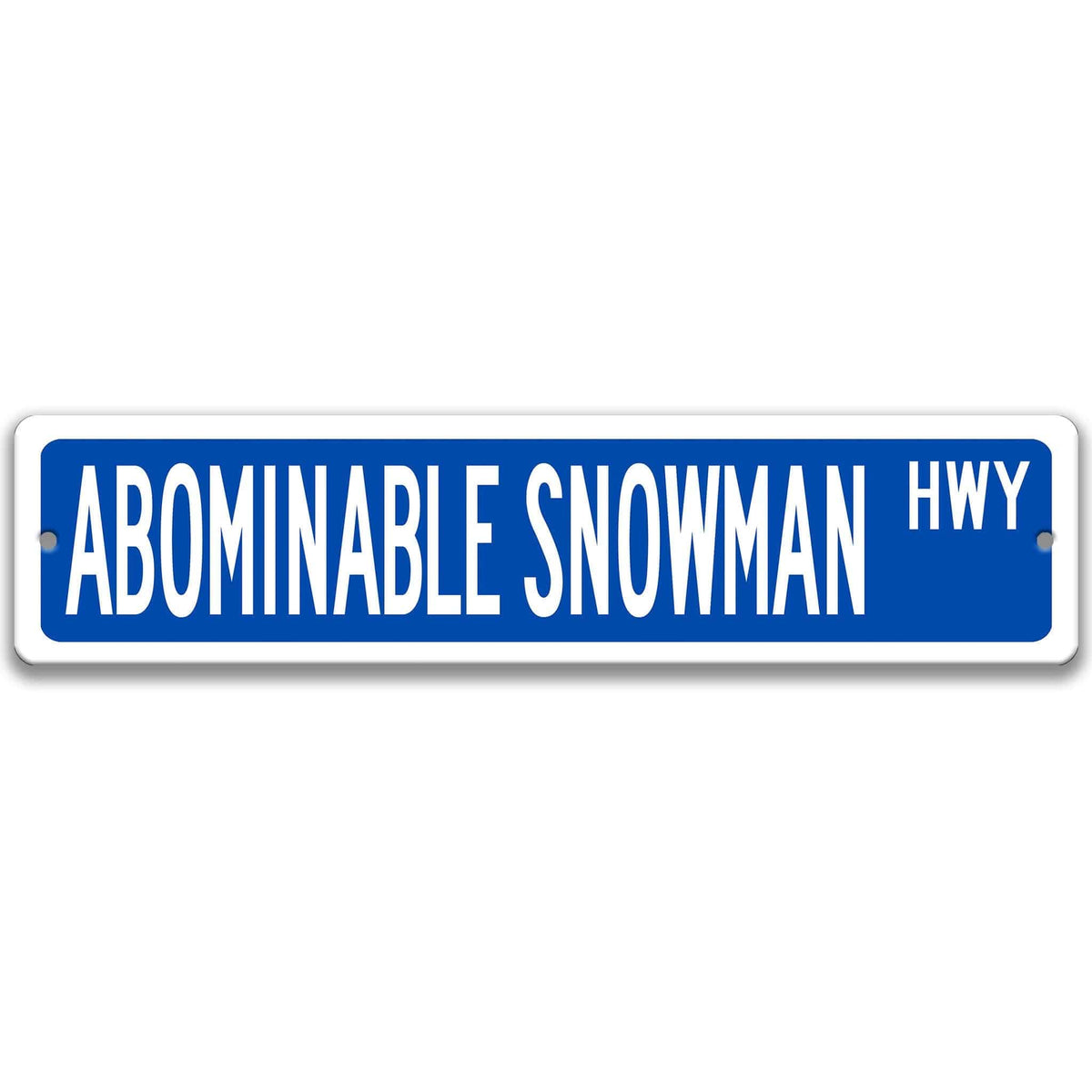 Blue Abominable Snowman aluminum street name sign with white lettering, alternate layout