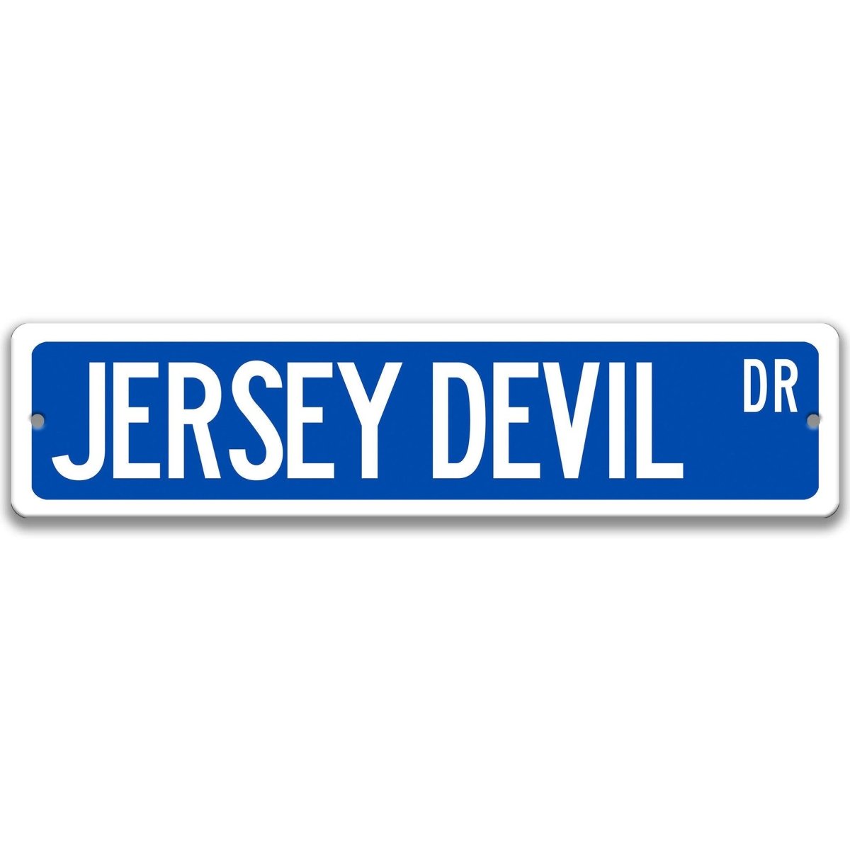 Blue Jersey Devil aluminum street name sign with white lettering, alternate layout