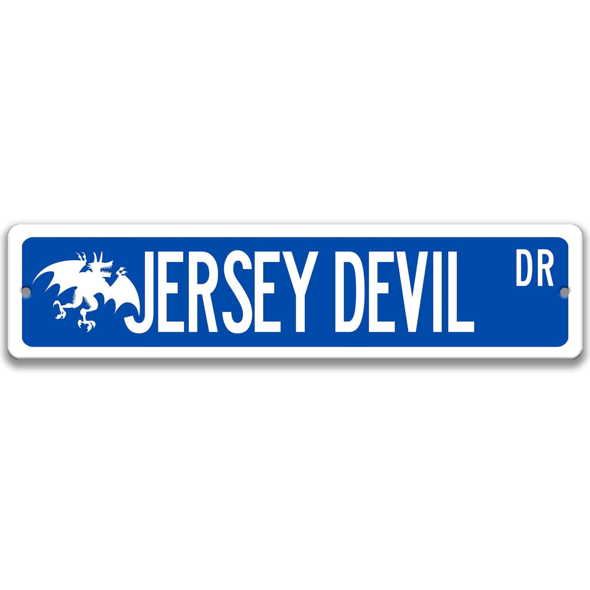 Blue Jersey Devil aluminum street name sign with white lettering
