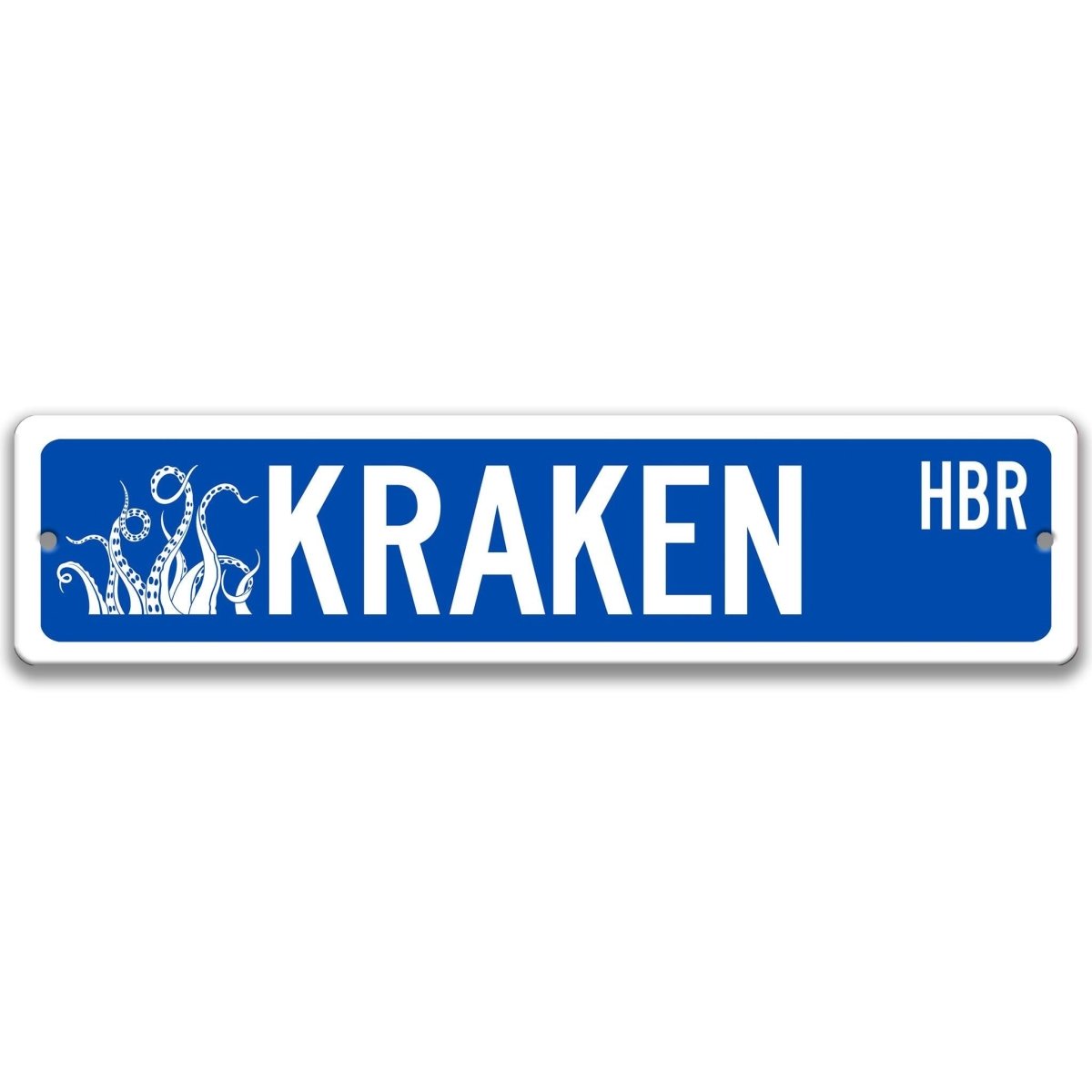 Blue Kraken HBR aluminum street sign, white lettering with kraken tentacle artwork