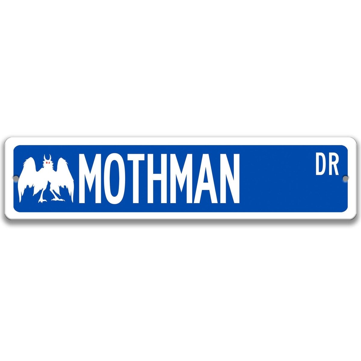 Blue Mothman aluminum street name sign with white lettering, alternate layout