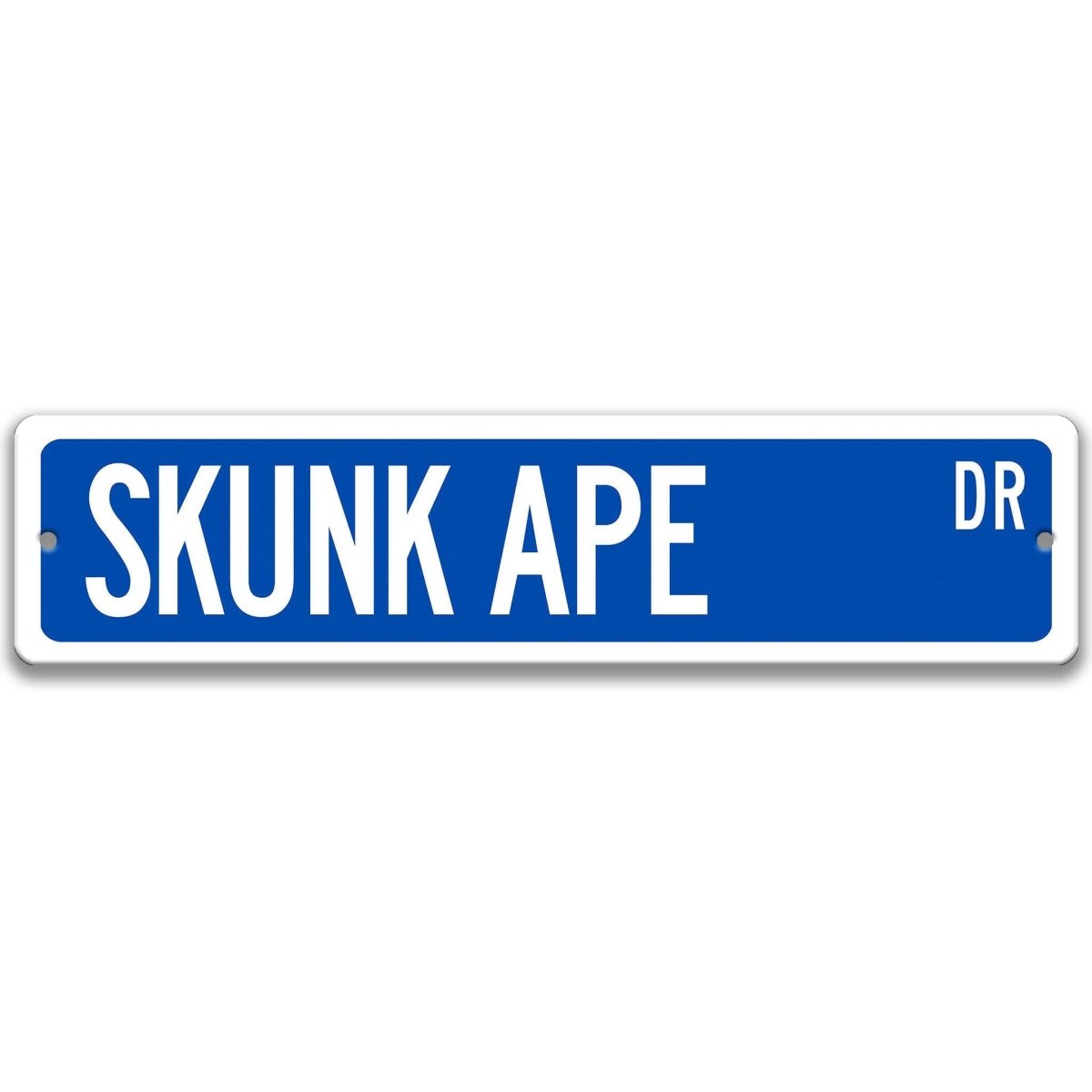 Blue Skunk Ape aluminum street name sign with white lettering, alternate layout