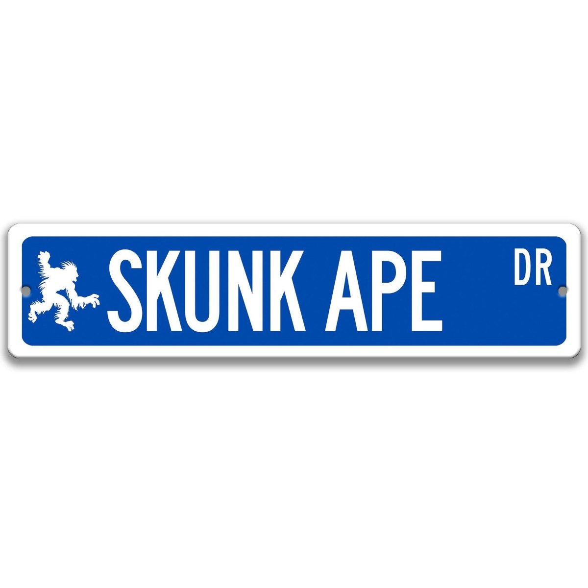 Blue Skunk Ape aluminum street name sign with white lettering