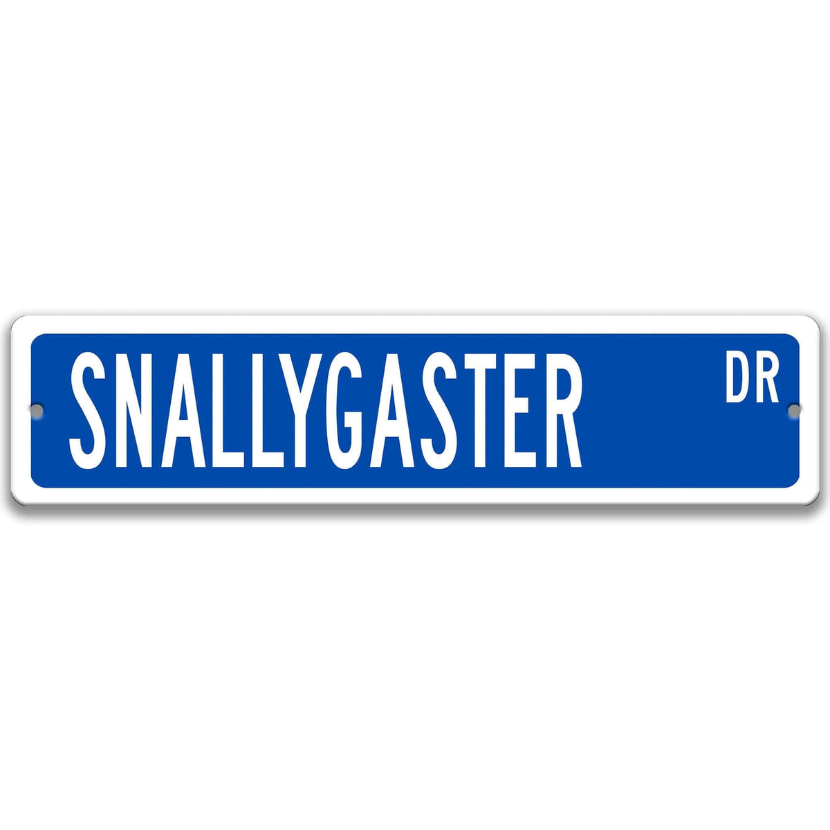 Blue Snallygaster aluminum street name sign with white lettering, alternate layout
