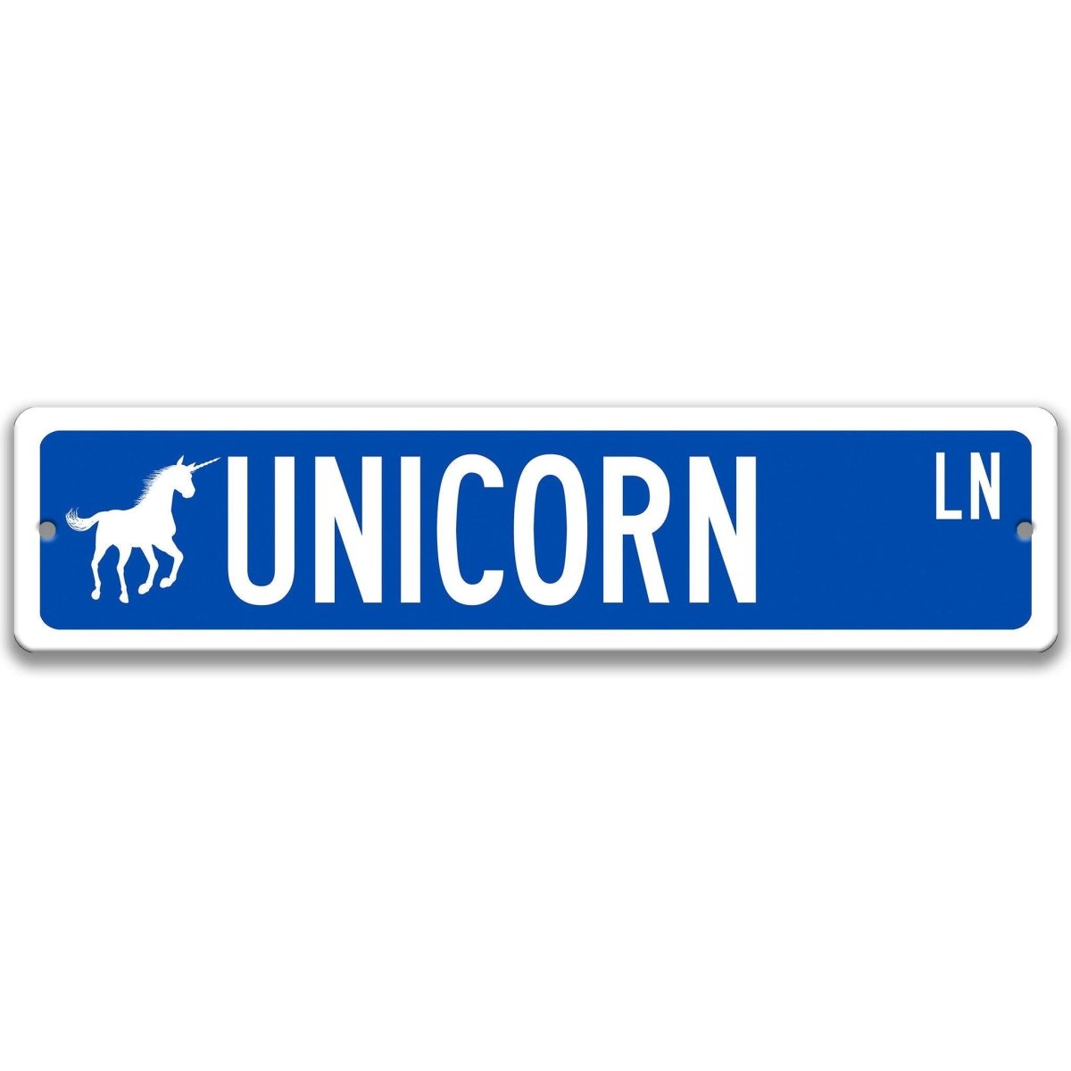 Blue Unicorn aluminum street name sign with white lettering