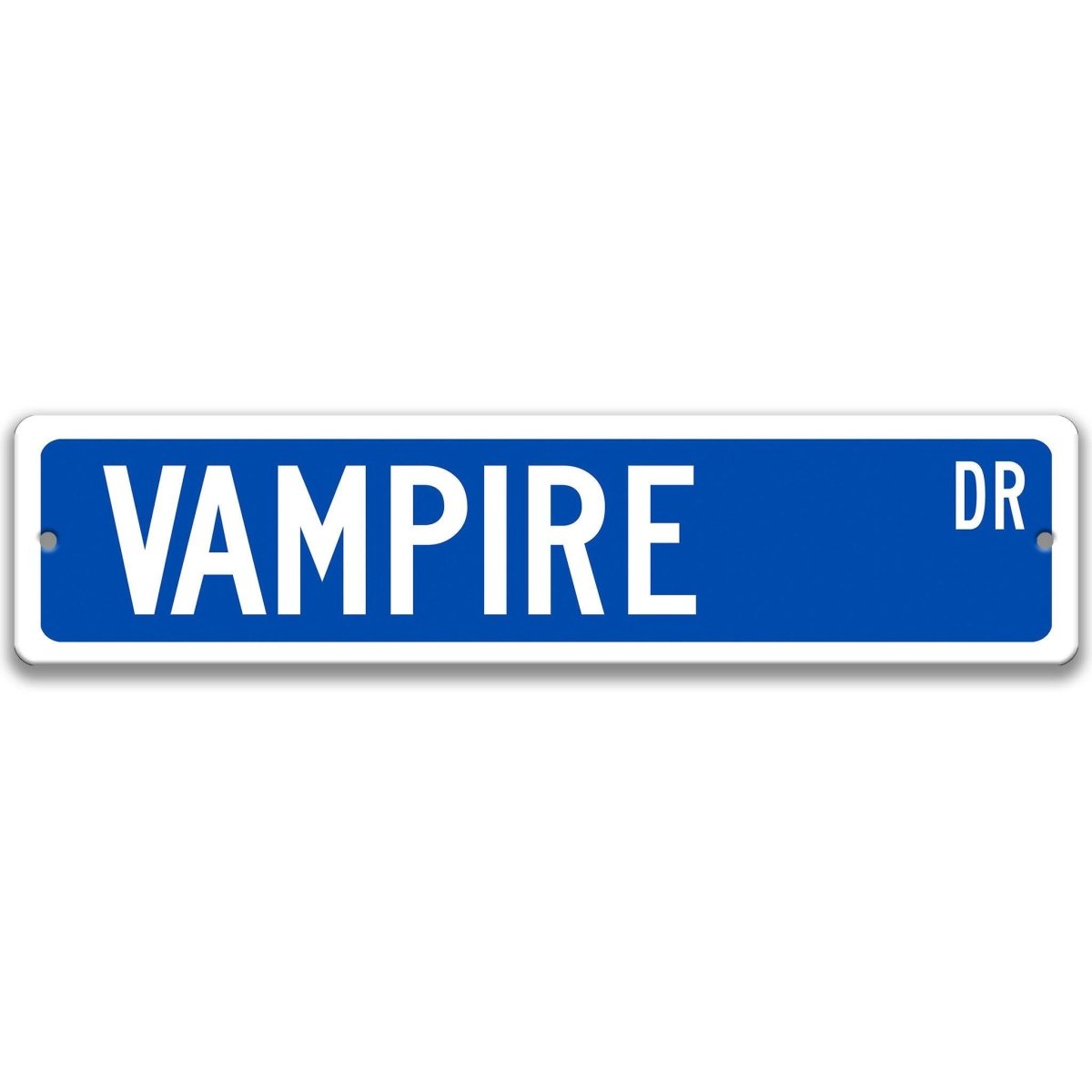 Blue Vampire aluminum street name sign with white lettering, alternate layout