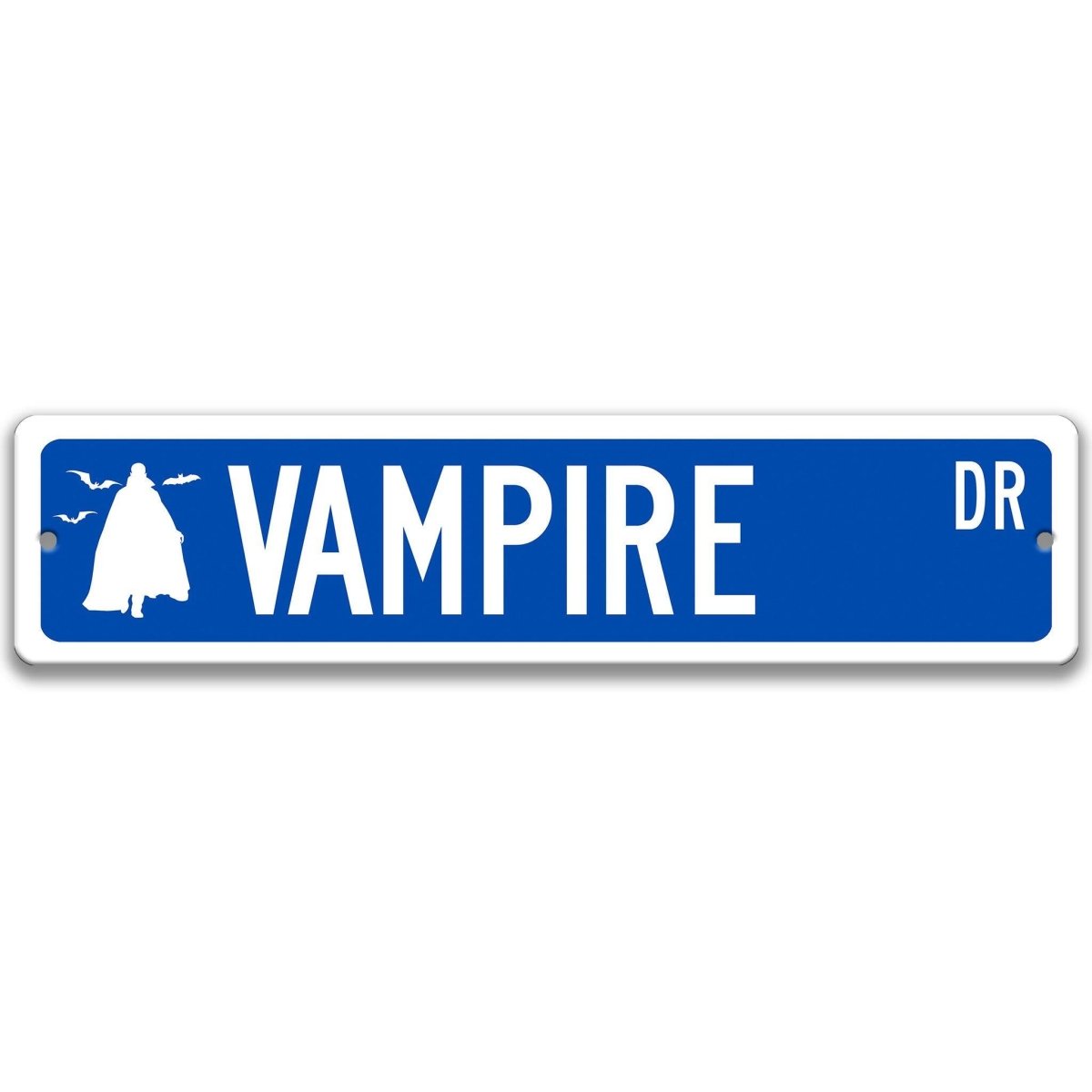 Blue Vampire aluminum street name sign with white lettering