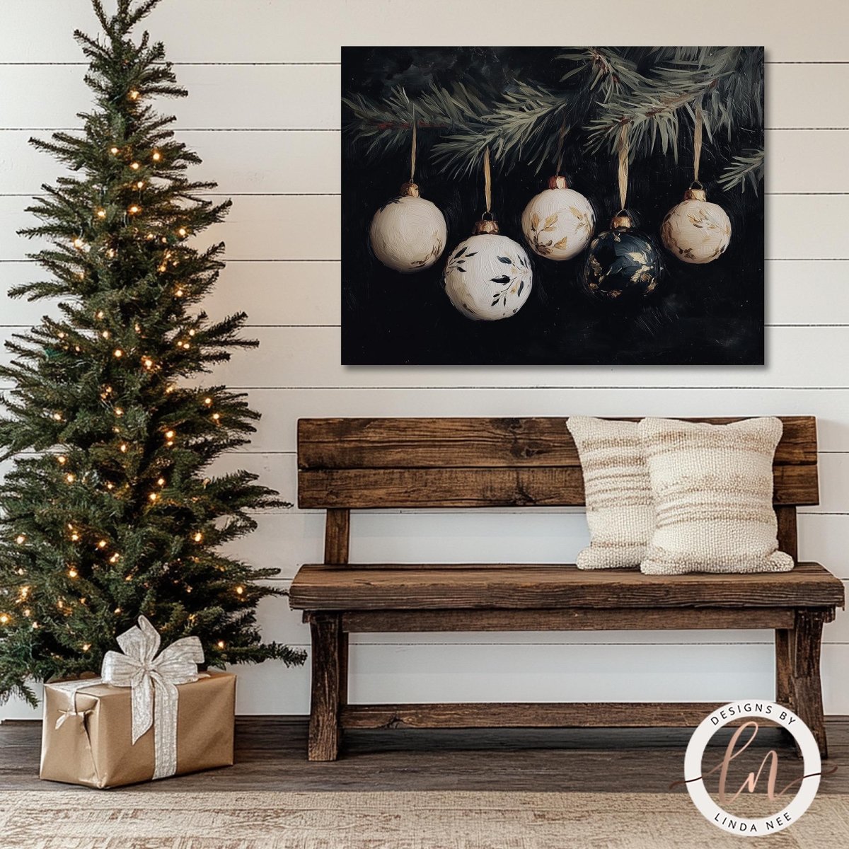 a cozy Christmas scene with a beautifully decorated Christmas tree, a wooden bench with pillows, and a framed artwork of Christmas ornaments hanging from a branch.