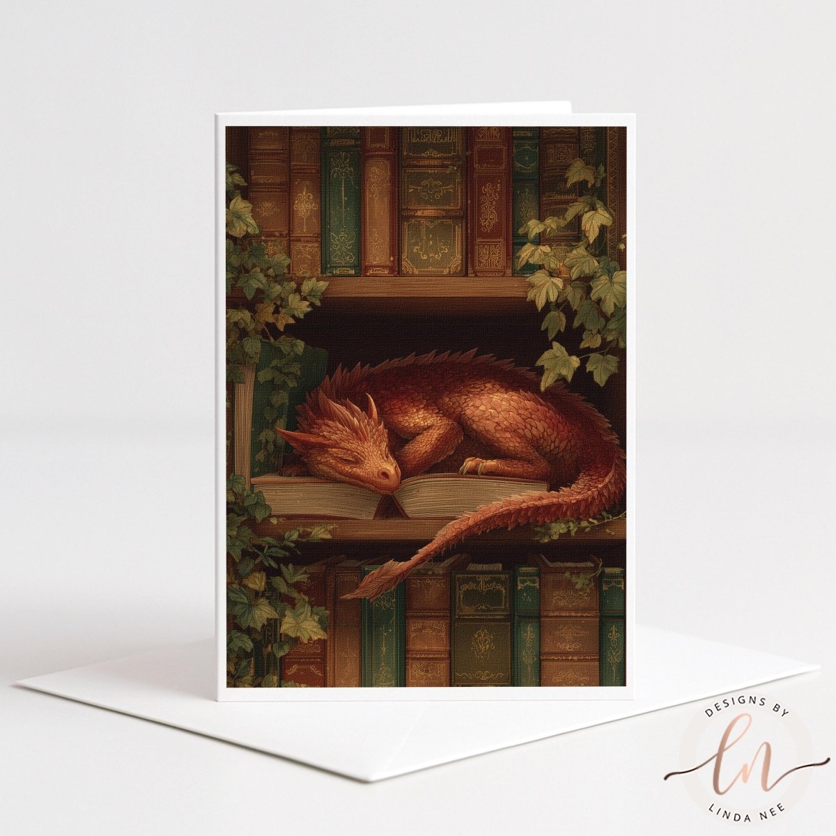 A dragon is resting on a shelf of books, surrounded by greenery.