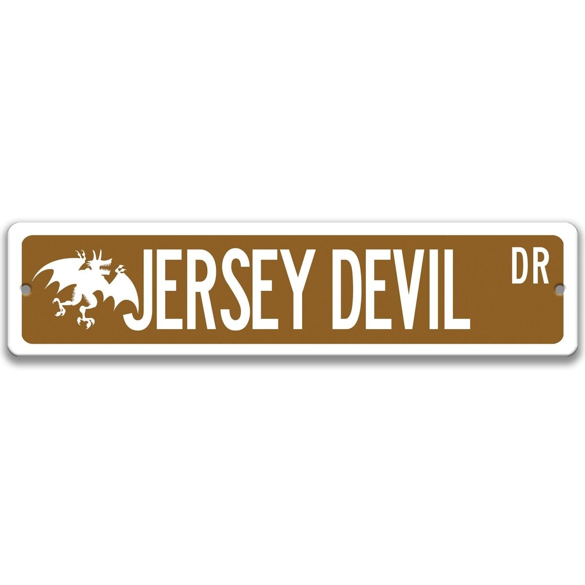 Brown Jersey Devil aluminum street name sign with white lettering