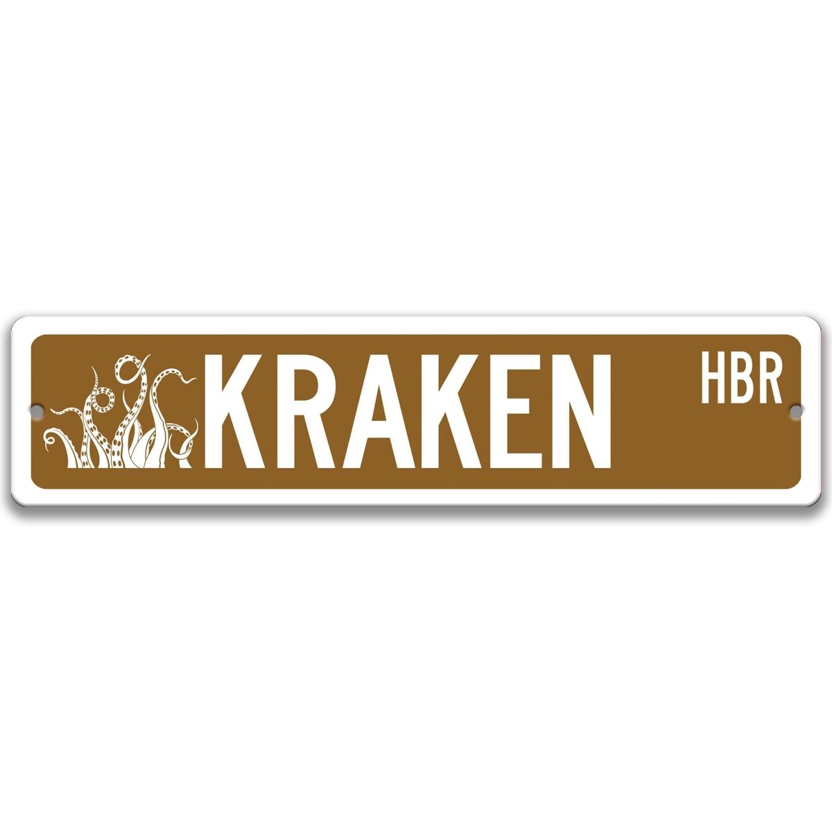 Brown Kraken HBR aluminum street sign, white lettering with kraken tentacle artwork