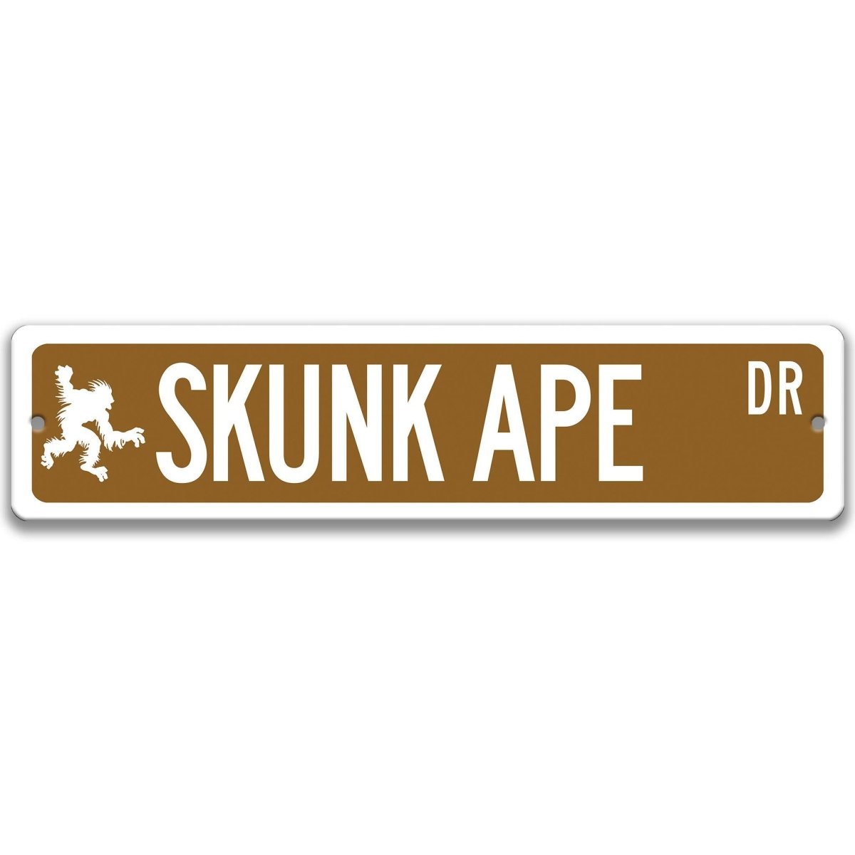 Brown Skunk Ape aluminum street name sign with white lettering