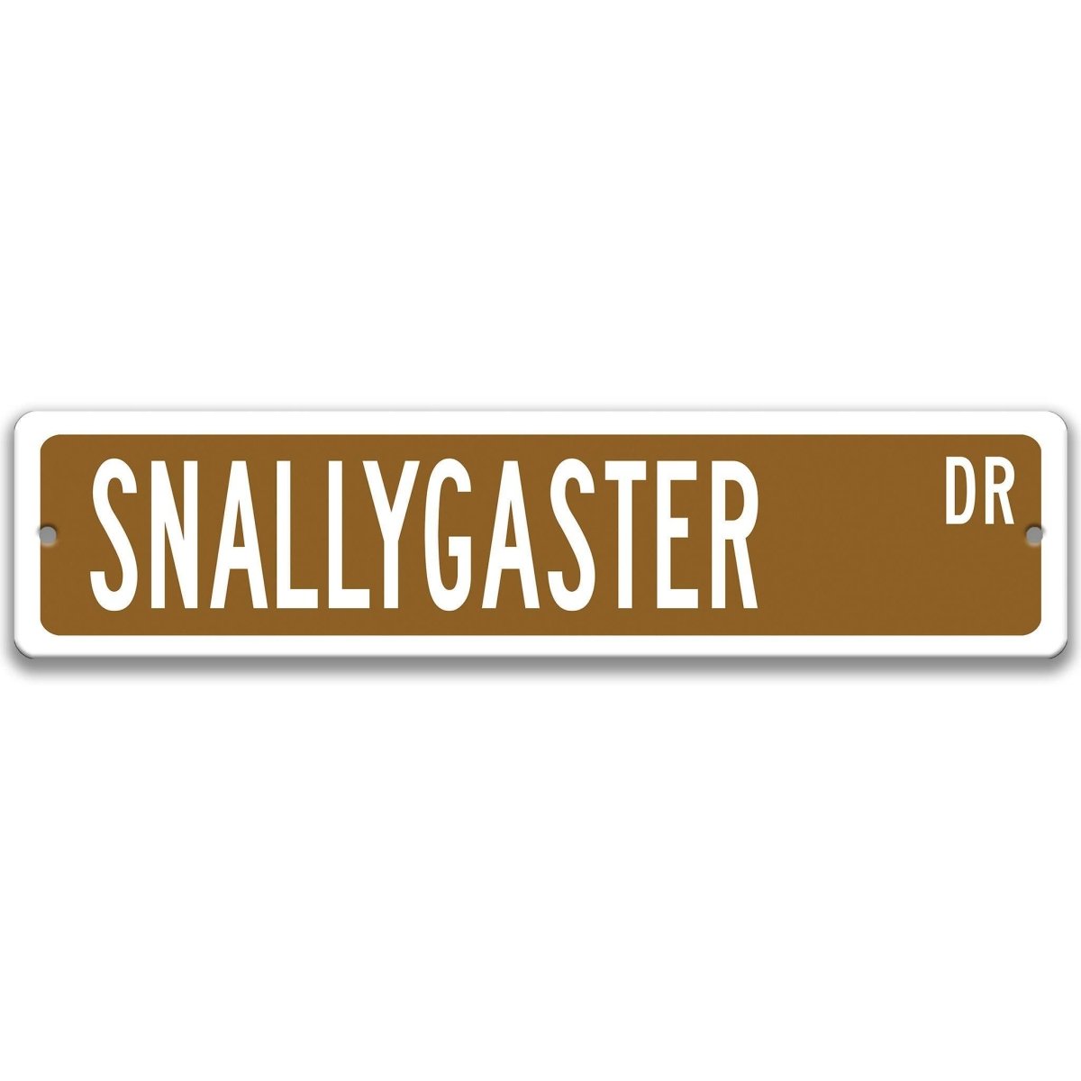 Brown Snallygaster aluminum street name sign with white lettering, alternate layout