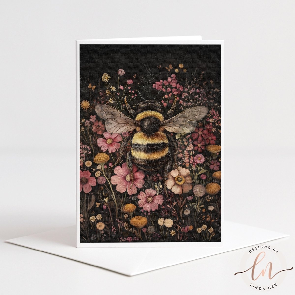 A card featuring a detailed illustration of a bee surrounded by a vibrant array of colorful flowers and plants.