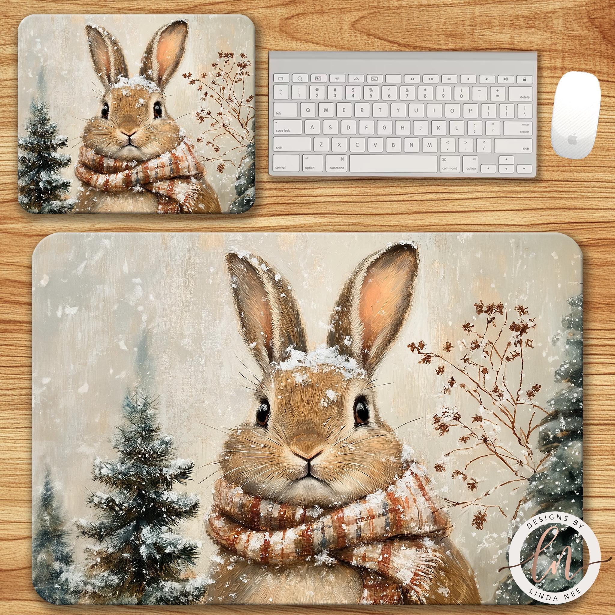 Bunny Mousepad - Winter Forest Christmas Desk Mat Decorbunny oil painting