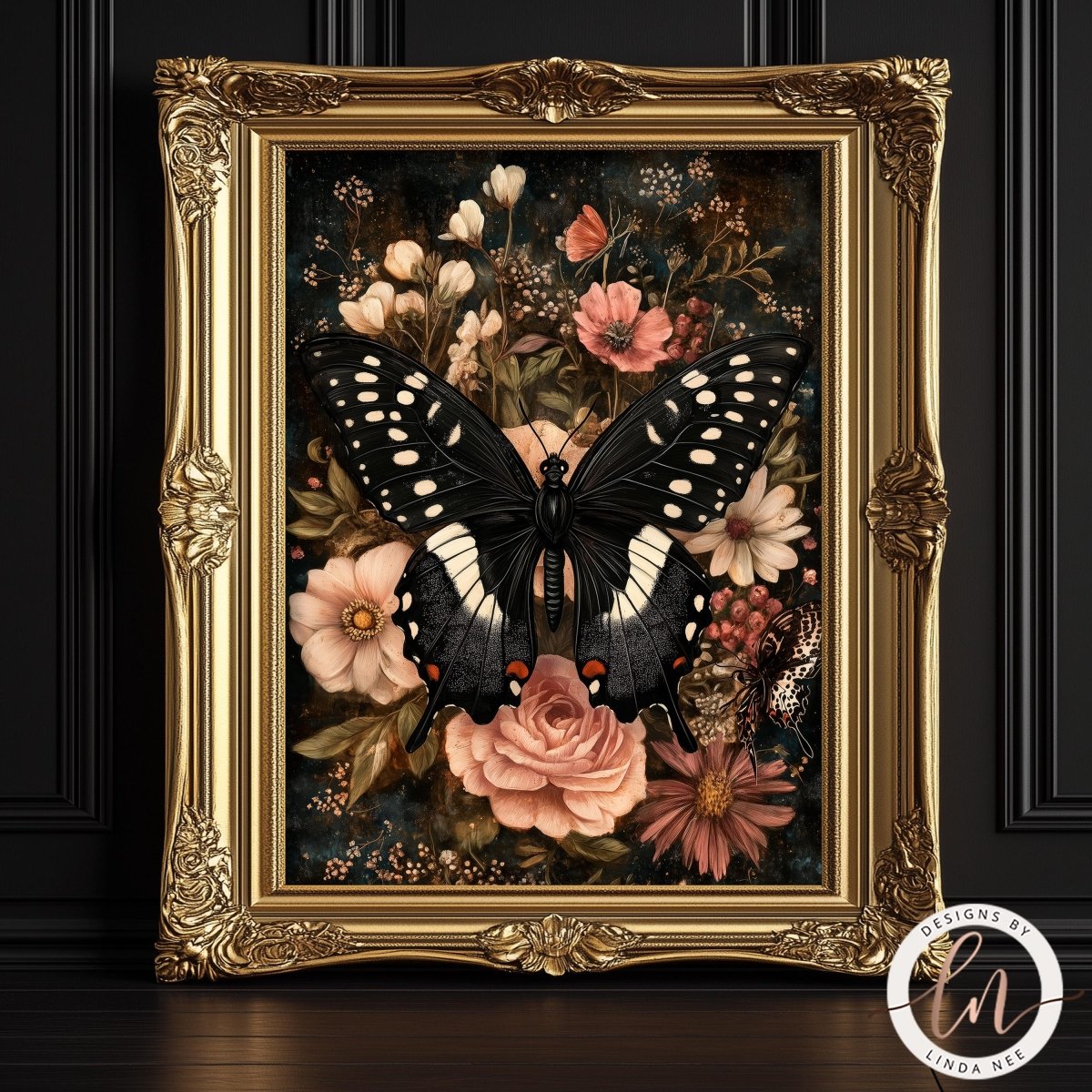 a framed painting of a black butterfly with white spots, surrounded by a floral arrangement of pink and white flowers.