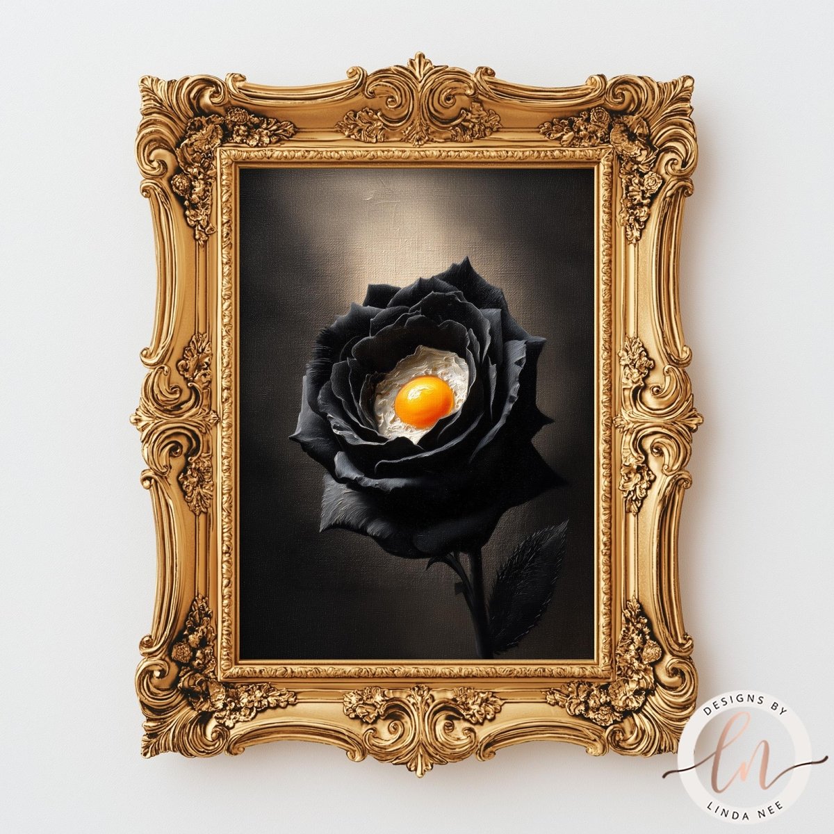 a black rose with an egg yolk in the center, displayed in an ornate gold frame.