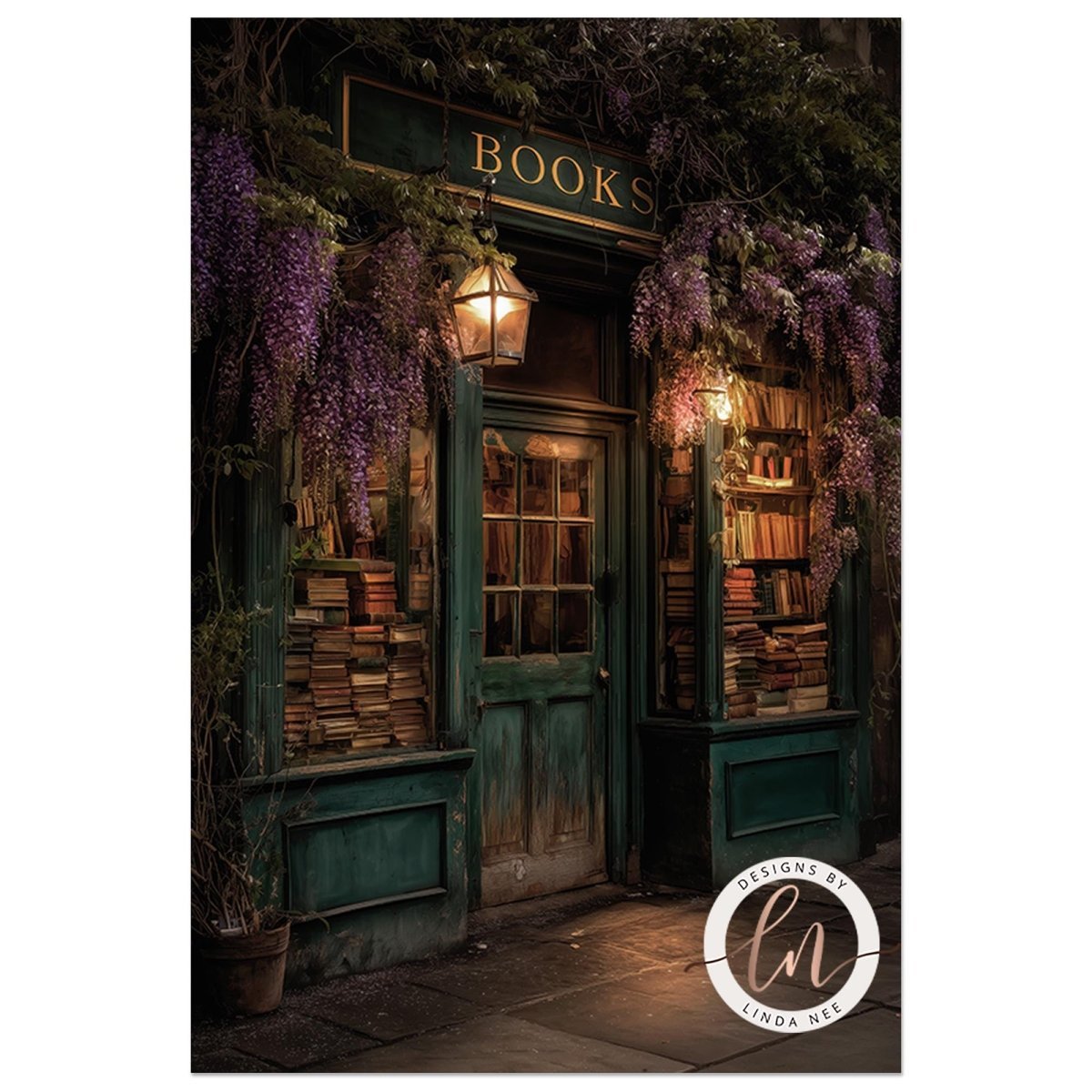 a quaint bookstore with a green facade, a sign above the door that reads "BOOKS", and a display of books in the windows. The store is adorned with purple flowers, and there is a lantern hanging from the ceiling. The overall atmosphere is cozy and inviting, with the books and flowers creating a warm and charming ambiance.