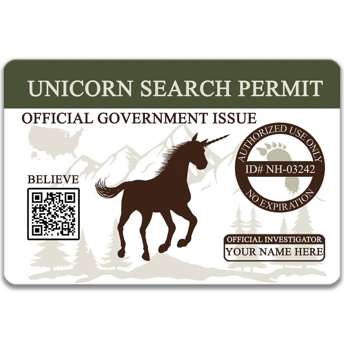 The image is a search permit for a unicorn, featuring a mountain landscape and a QR code.