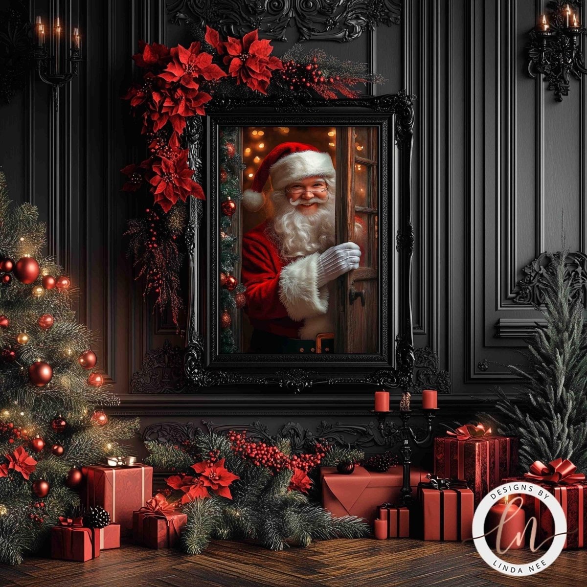 Santa peeking through a window artwork shown with poinsettias and a chandelier
