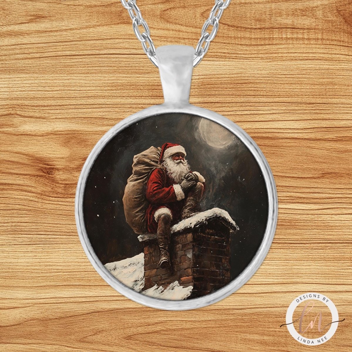 Santa on Chimney Christmas Pendant Necklace