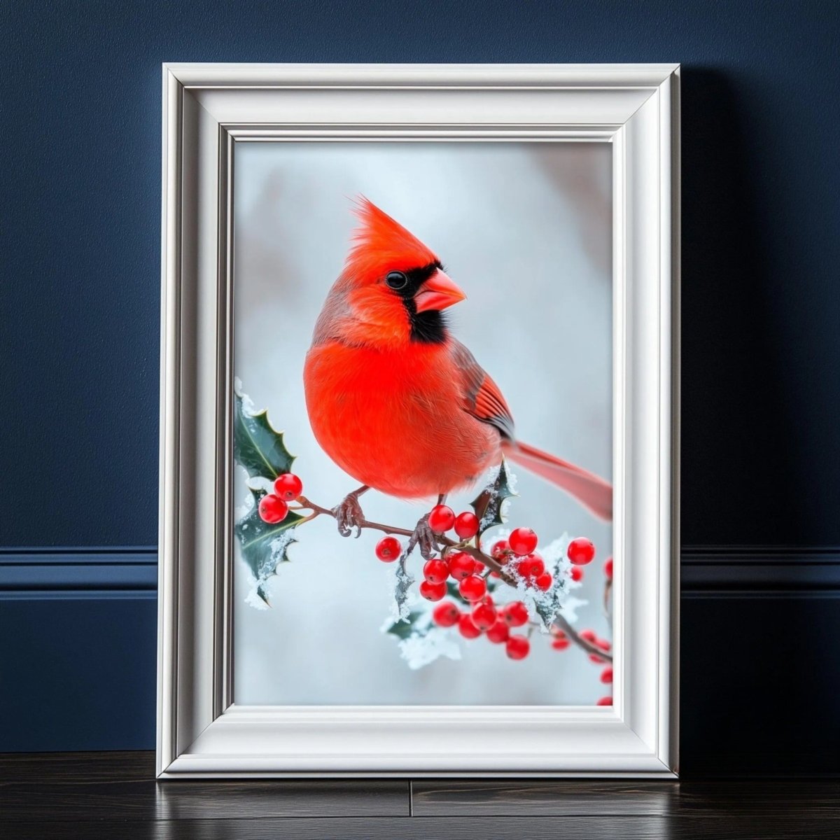 Scarlet cardinal perched on a bare snowy branch, art print styled in a wood frame