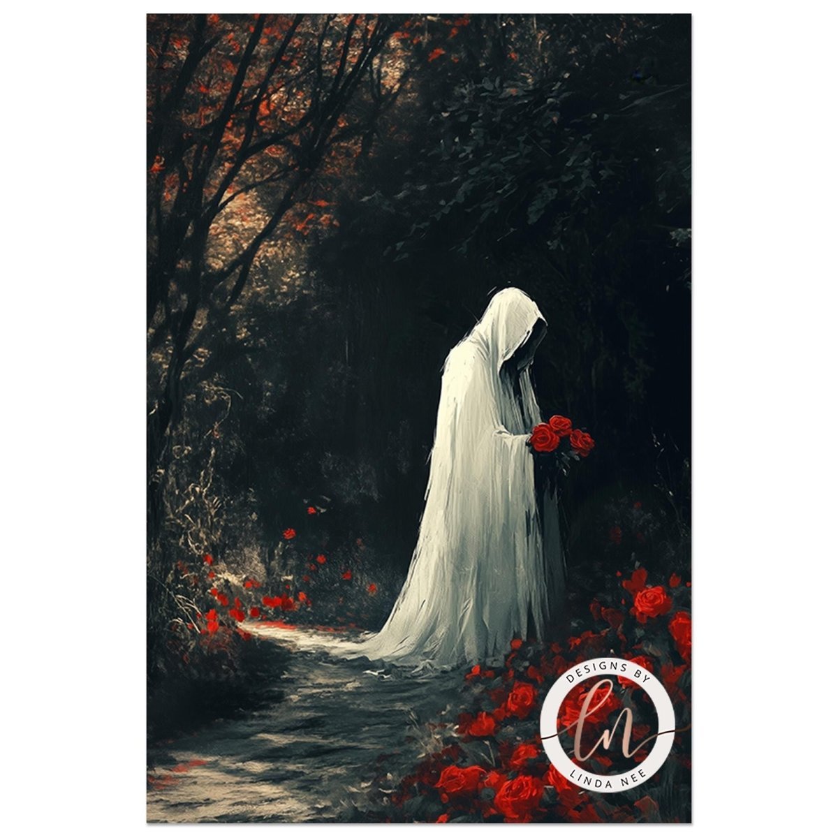 A ghostly figure in a white cloak stands amidst a field of red flowers, with a dark forest in the background.