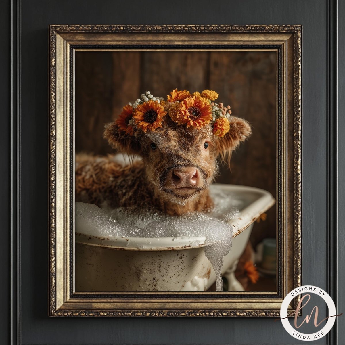 A cow wearing a flower crown is sitting in a white bathtub filled with bubbles, creating a whimsical and charming scene.