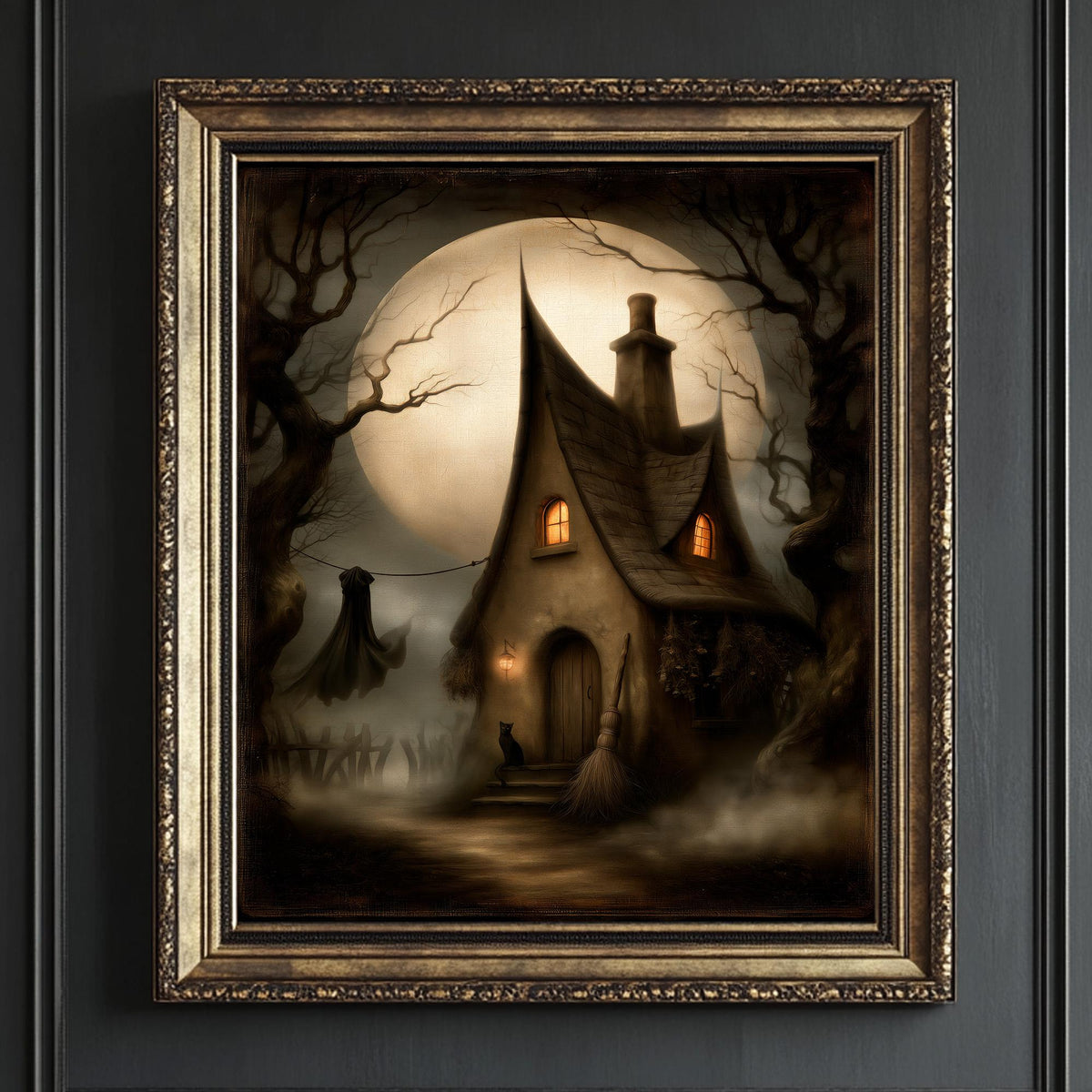 Crooked cottage with a pointed roof glowing under a full moon, a cat on the steps