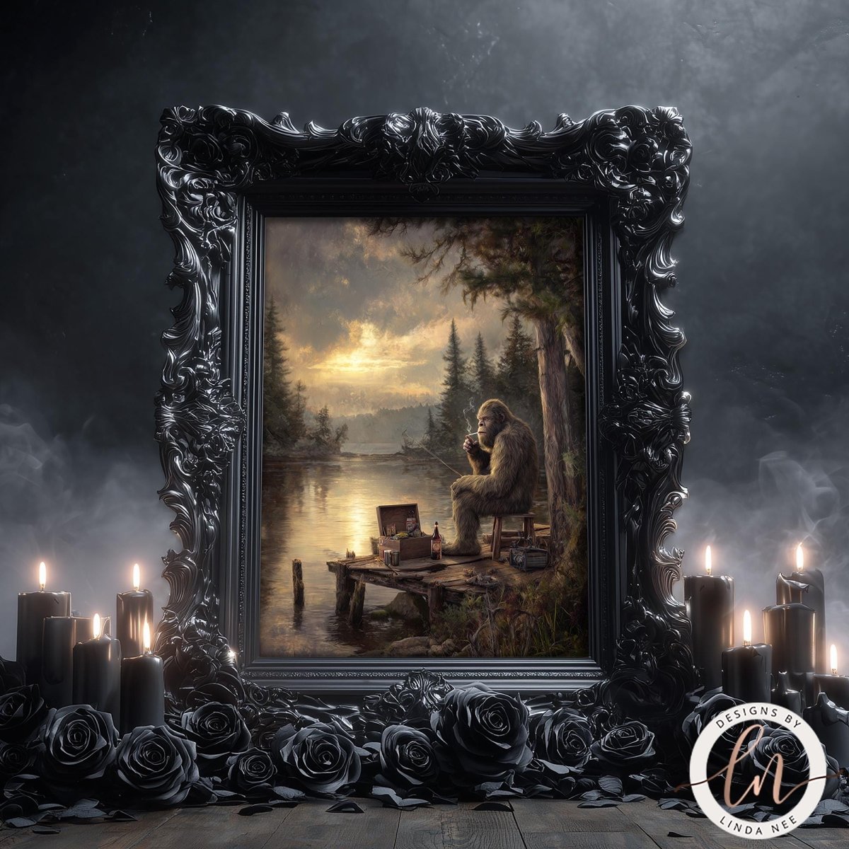 The image is a painting of a Bigfoot sitting on a dock, surrounded by a serene landscape with trees and a body of water. The painting is framed in an ornate black frame and is displayed on a dark background with candles and rose petals.
