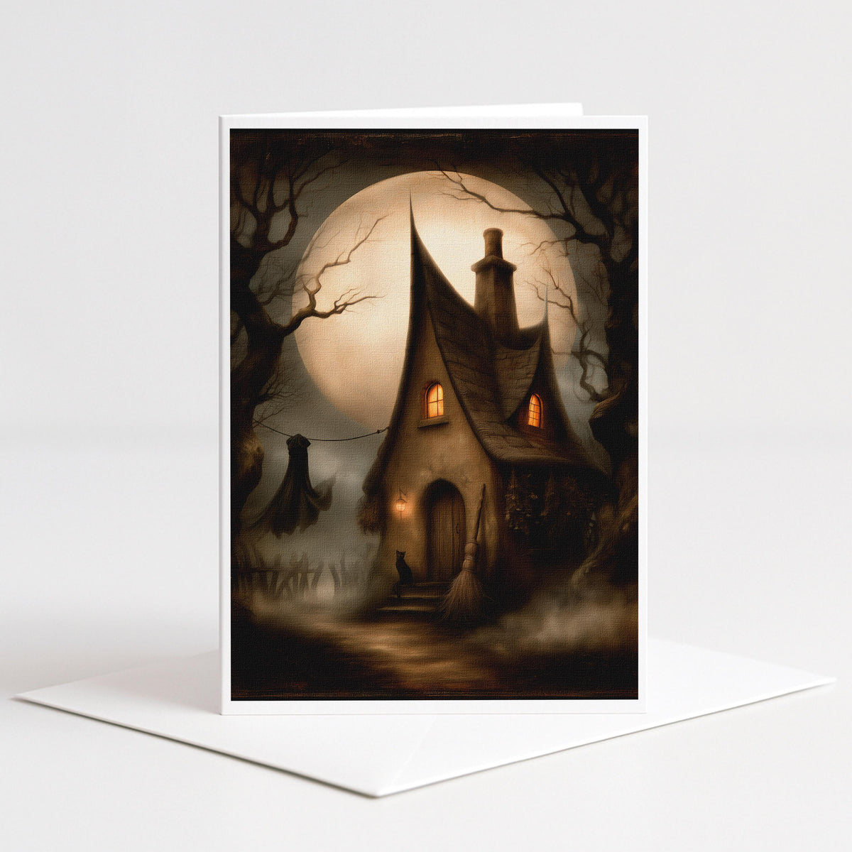 Crooked witch cottage glowing under a full moon in foggy woods, 5x7 blank note card by Linda Nee