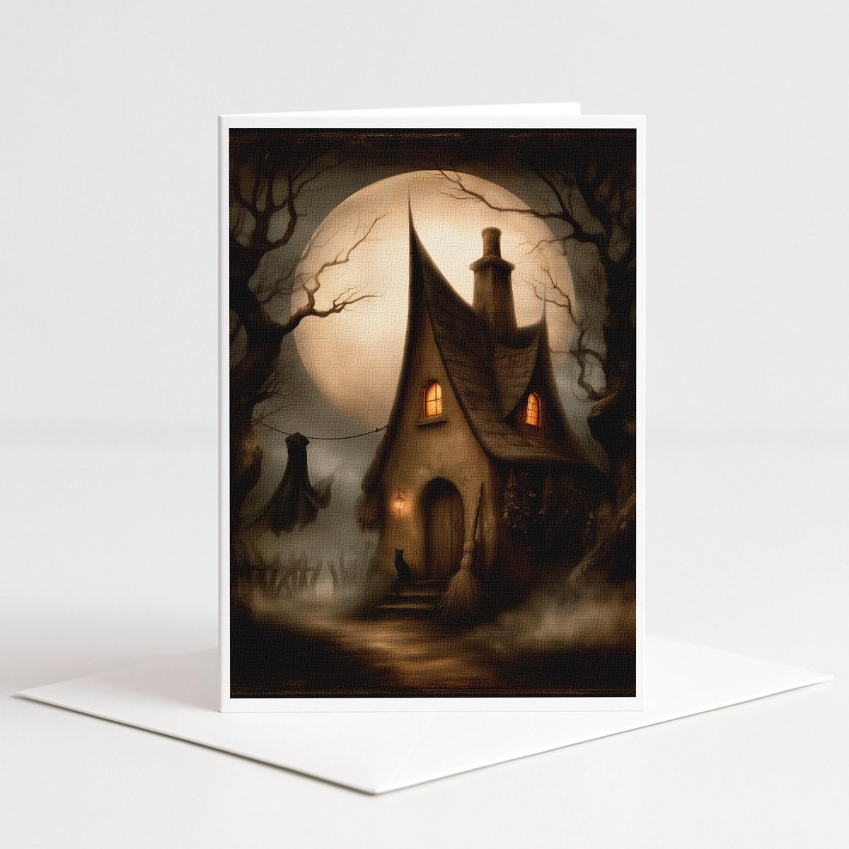 Crooked witch cottage glowing under a full moon in foggy woods, 5x7 blank note card by Linda Nee