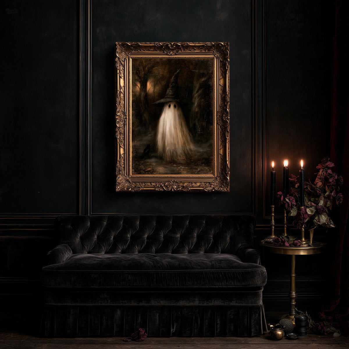 Oversized ghost print above a black tufted sofa and a table of flowers and candles
