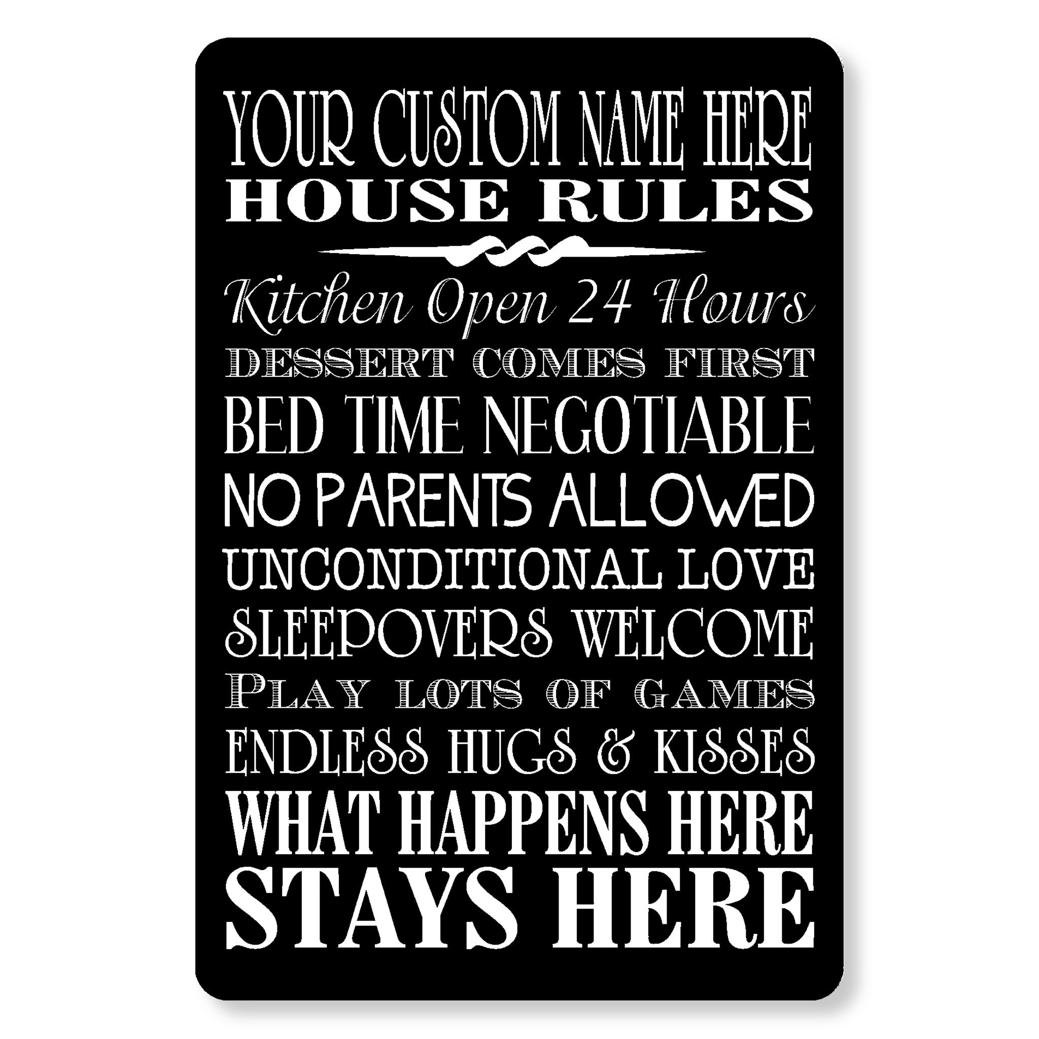 a list of rules for a house, written in a black and white style. The rules cover various aspects of living in the house, such as kitchen hours, dessert, bedtime, parents, love, sleepovers, games, and affection. The rules are presented in a clear and concise manner, without any redundancy or vague wording.