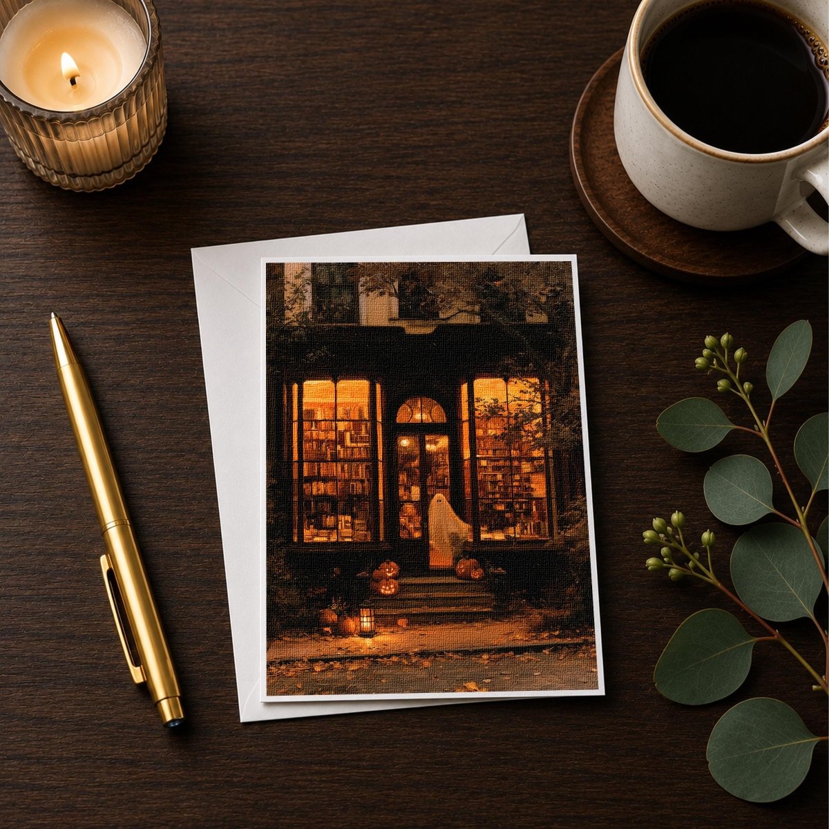 Haunted bookstore ghost note card styled with a candle, pen, and coffee