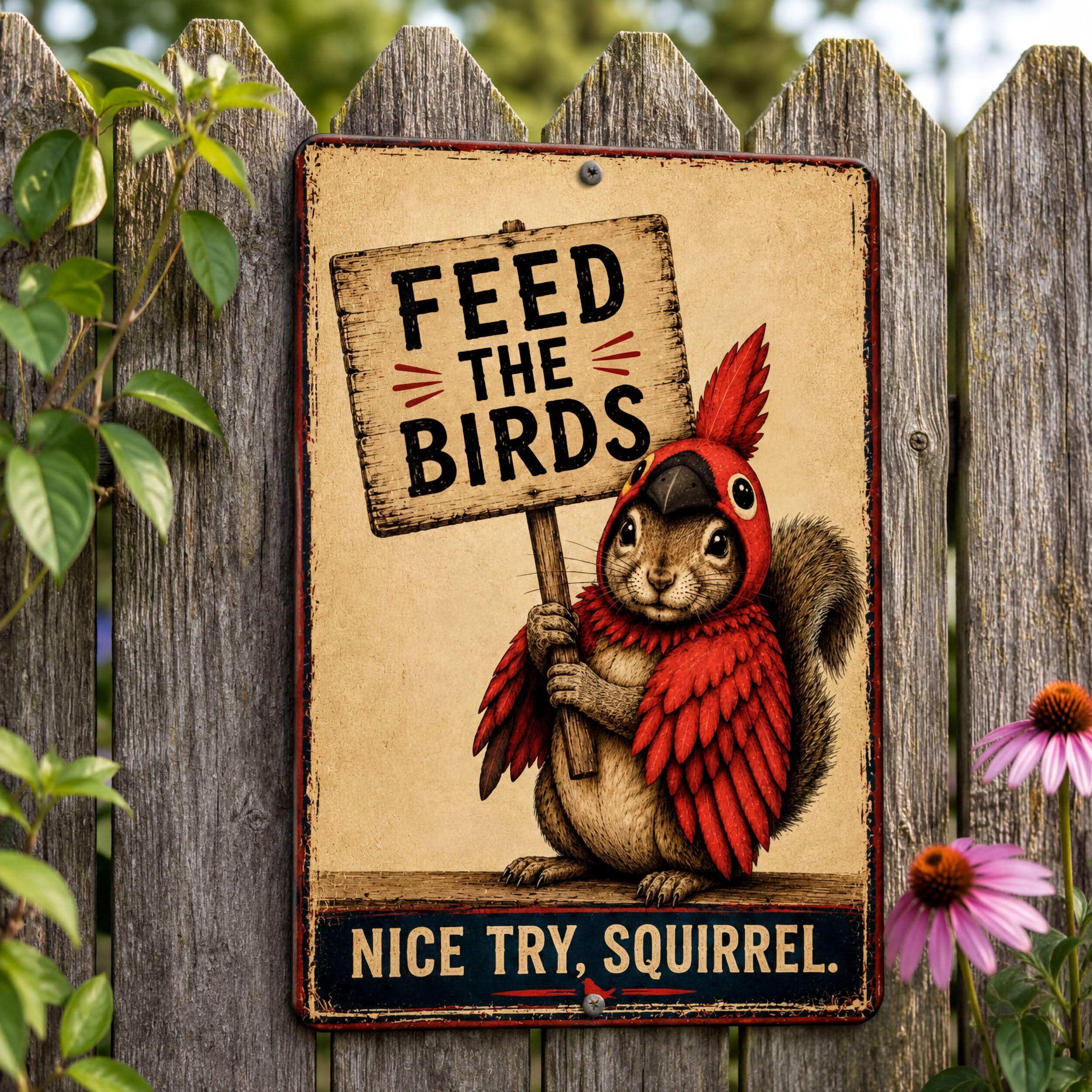 a sign with a squirrel holding a sign that says "Feed the birds".