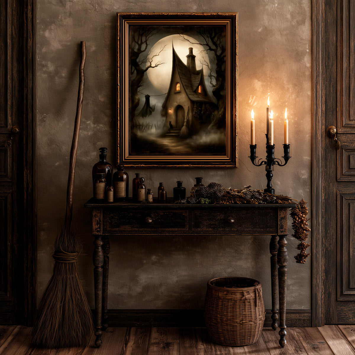 Witchcore cottage artwork above a candlelit table in a shadowed room